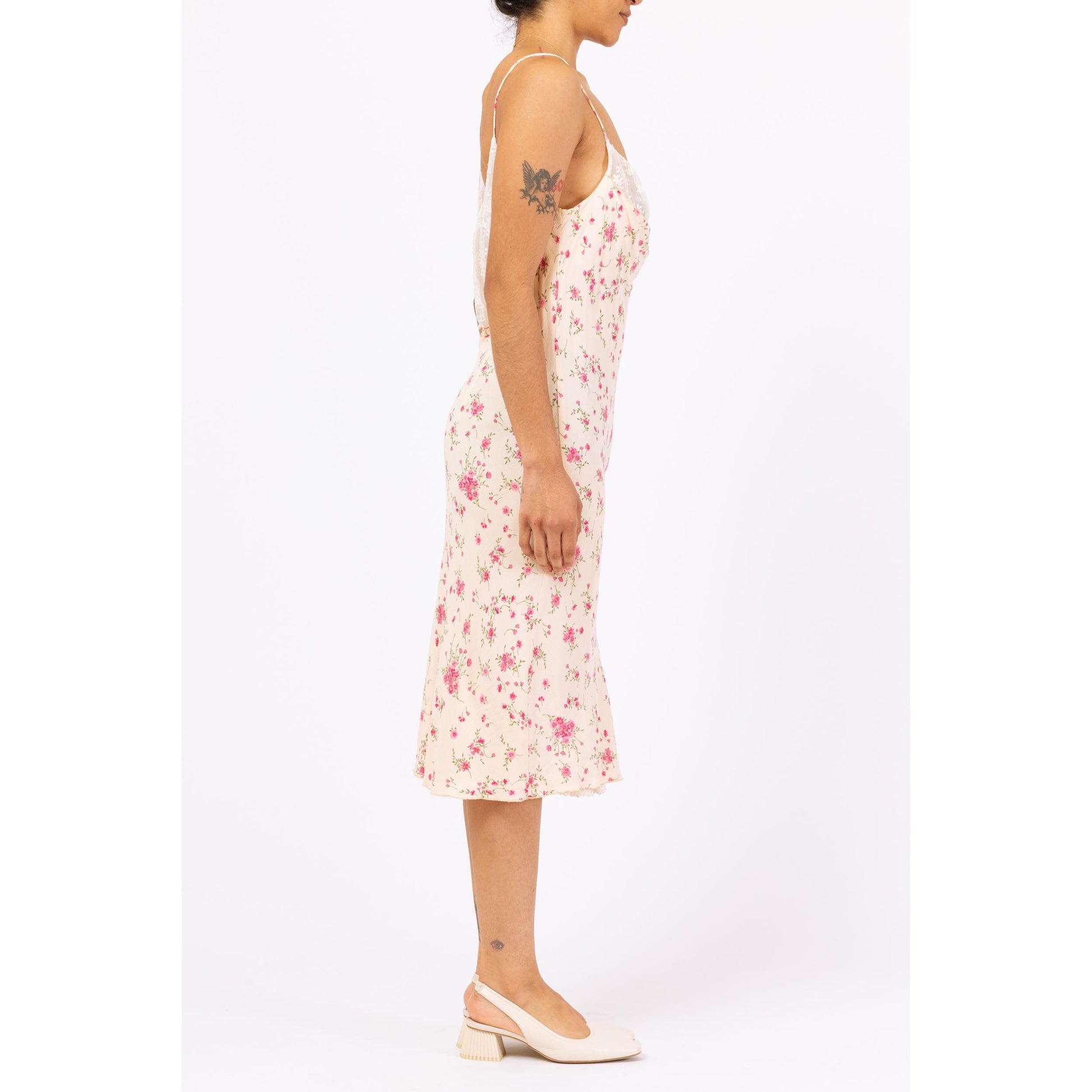 Vintage 90s Hugo Buscati Floral Lace Bust Midi Slip Dress - Large | Yellow & Pink Print Bias Cut Sundress, Wedding Guest Dress