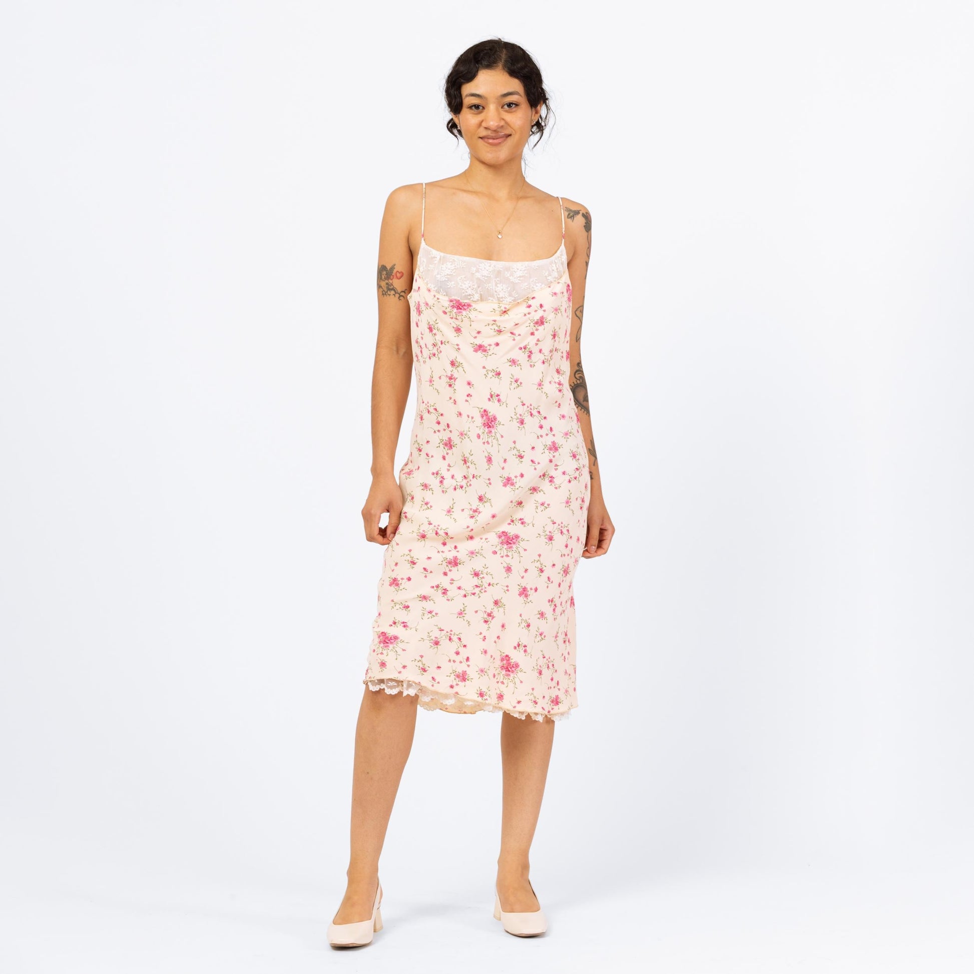 Vintage 90s Hugo Buscati Floral Lace Bust Midi Slip Dress - Large | Yellow & Pink Print Bias Cut Sundress, Wedding Guest Dress