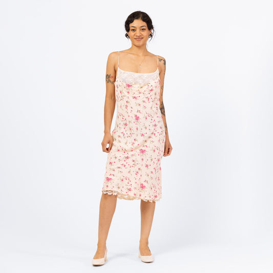 Vintage 90s Hugo Buscati Floral Lace Bust Midi Slip Dress - Large | Yellow & Pink Print Bias Cut Sundress, Wedding Guest Dress