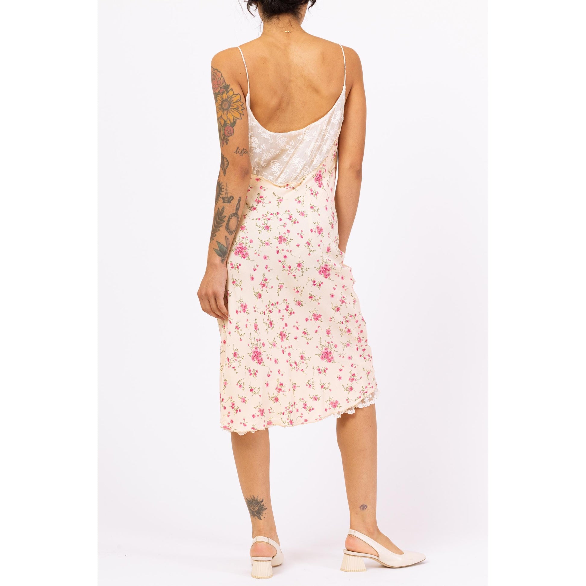 Vintage 90s Hugo Buscati Floral Lace Bust Midi Slip Dress - Large | Yellow & Pink Print Bias Cut Sundress, Wedding Guest Dress