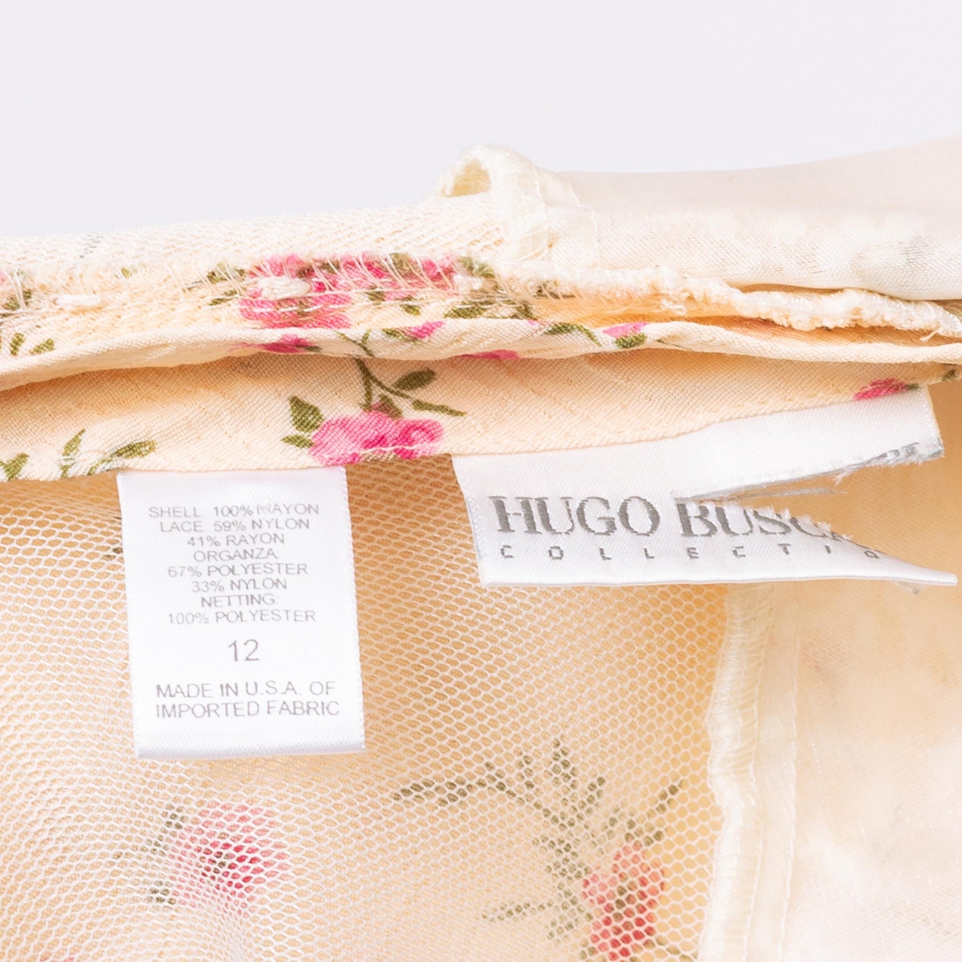 Vintage 90s Hugo Buscati Floral Lace Bust Midi Slip Dress - Large | Yellow & Pink Print Bias Cut Sundress, Wedding Guest Dress