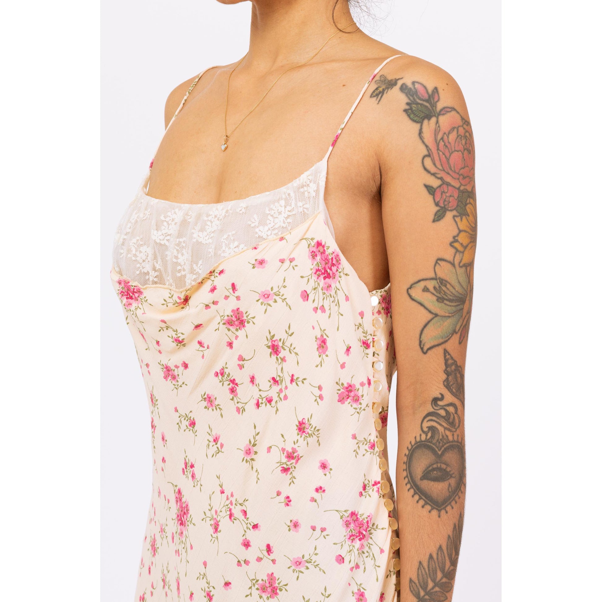 Vintage 90s Hugo Buscati Floral Lace Bust Midi Slip Dress - Large | Yellow & Pink Print Bias Cut Sundress, Wedding Guest Dress