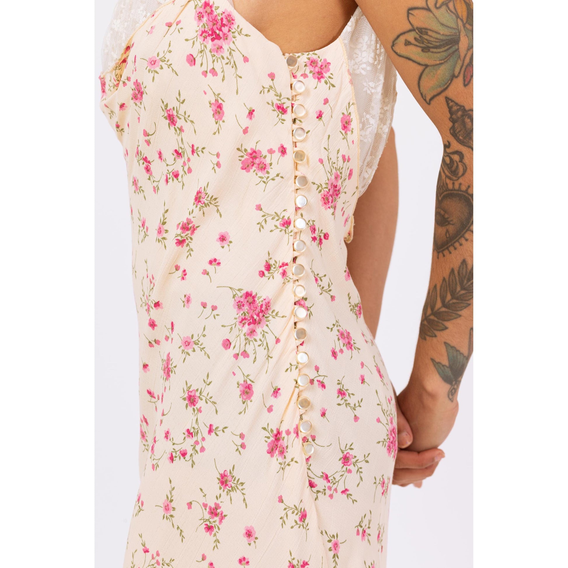 Vintage 90s Hugo Buscati Floral Lace Bust Midi Slip Dress - Large | Yellow & Pink Print Bias Cut Sundress, Wedding Guest Dress