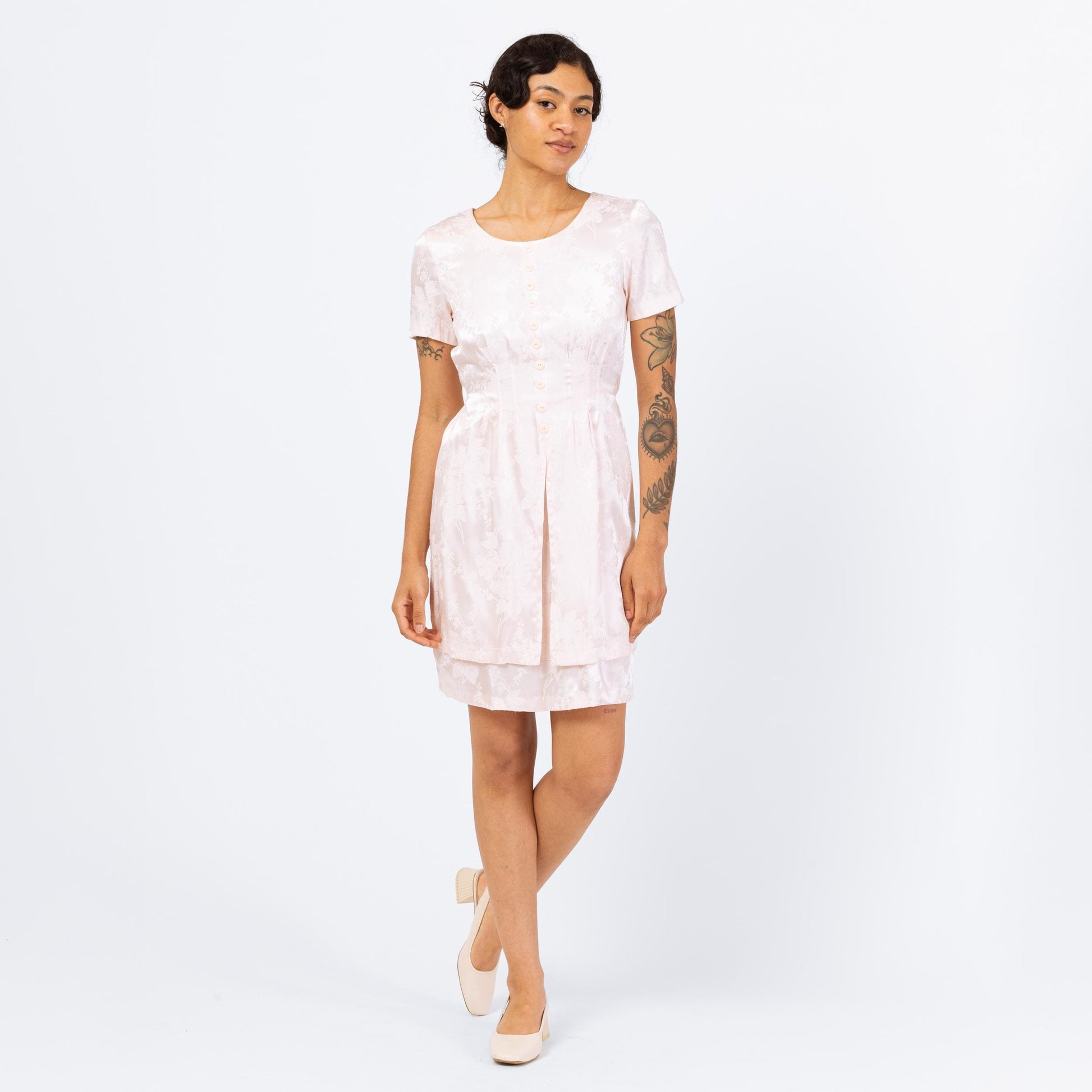 Vintage 90s Pastel Pink Floral Jacquard Mini Dress - Small | Short Sleeve Dress, Satin Cocktail Dress