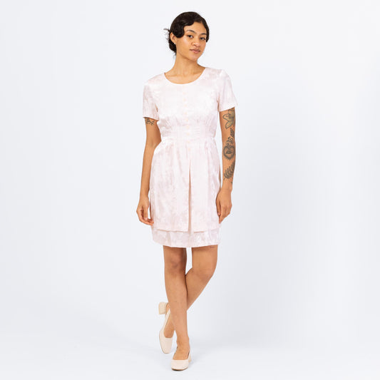 Vintage 90s Pastel Pink Floral Jacquard Mini Dress - Small | Short Sleeve Dress, Satin Cocktail Dress