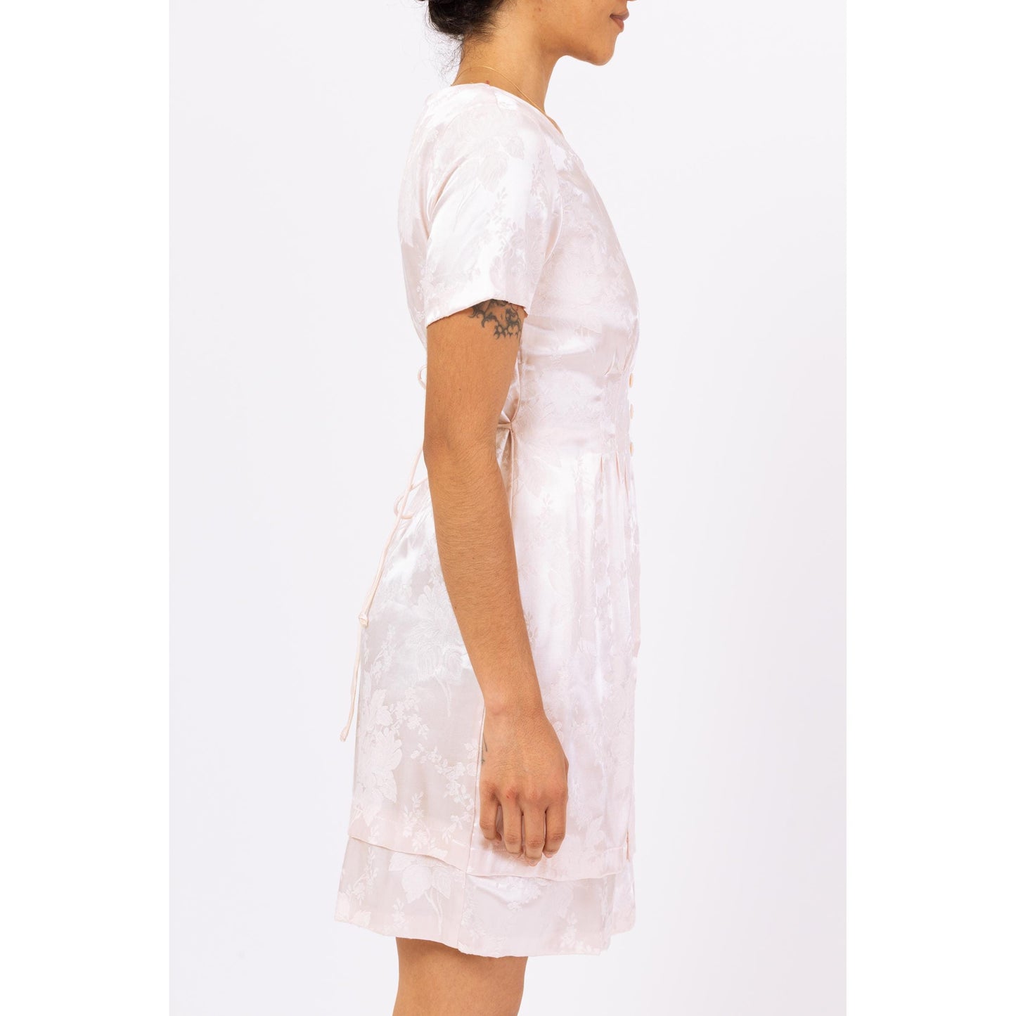 Vintage 90s Pastel Pink Floral Jacquard Mini Dress - Small | Short Sleeve Dress, Satin Cocktail Dress