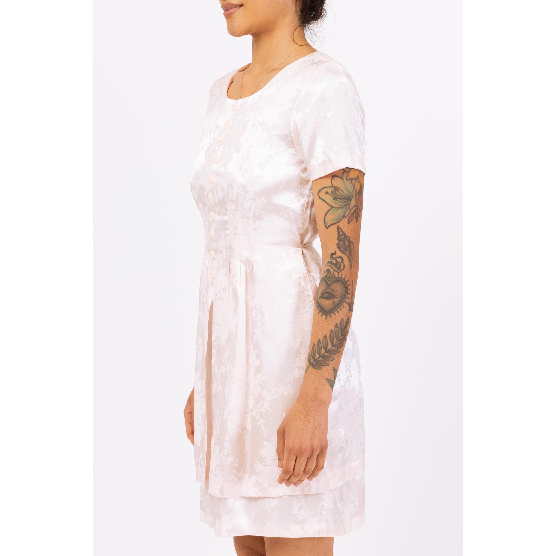 Vintage 90s Pastel Pink Floral Jacquard Mini Dress - Small | Short Sleeve Dress, Satin Cocktail Dress