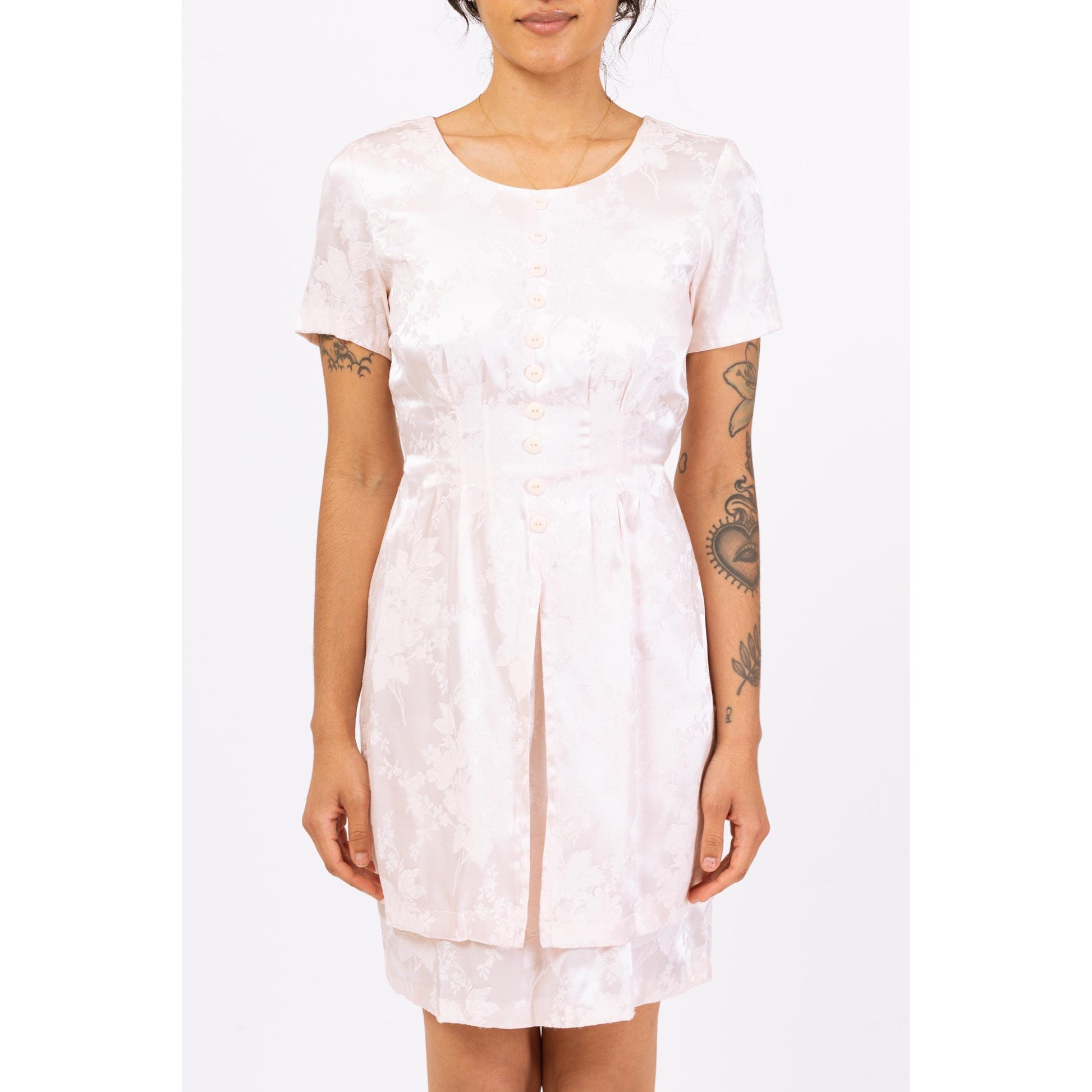 Vintage 90s Pastel Pink Floral Jacquard Mini Dress - Small | Short Sleeve Dress, Satin Cocktail Dress