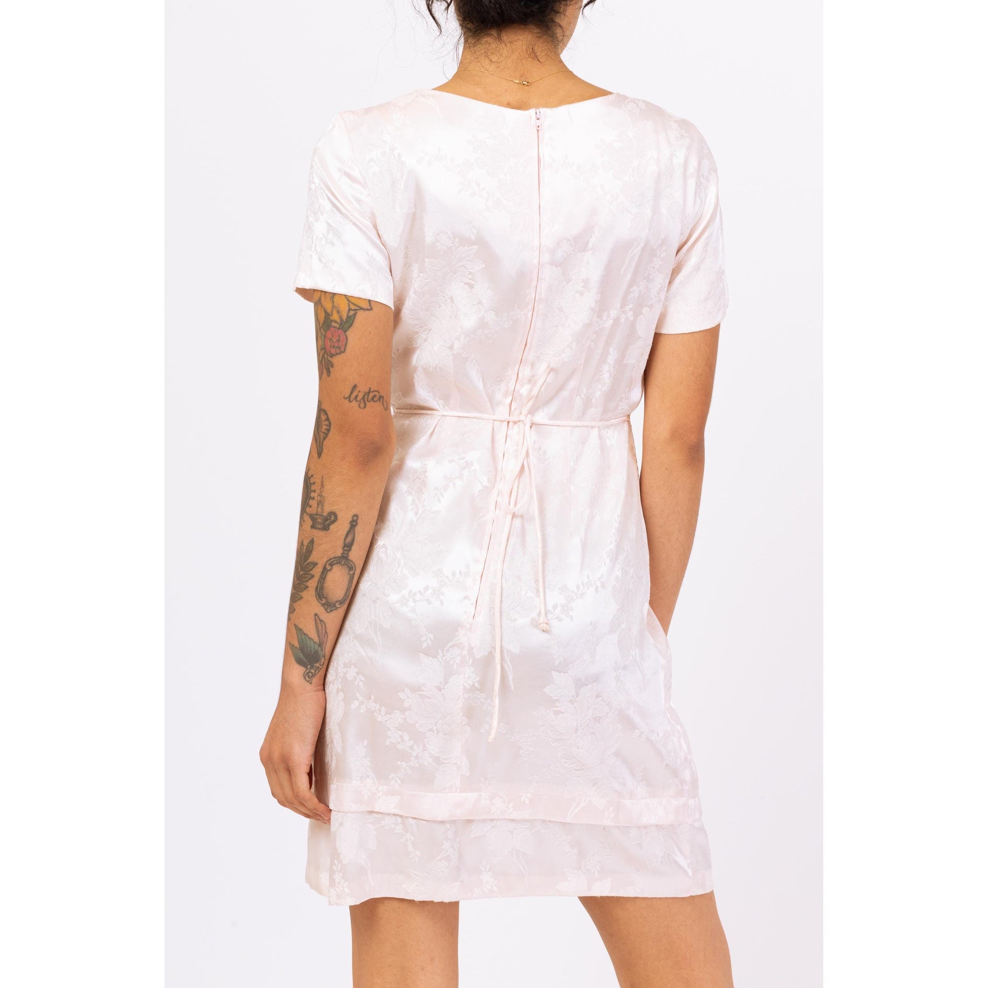 Vintage 90s Pastel Pink Floral Jacquard Mini Dress - Small | Short Sleeve Dress, Satin Cocktail Dress
