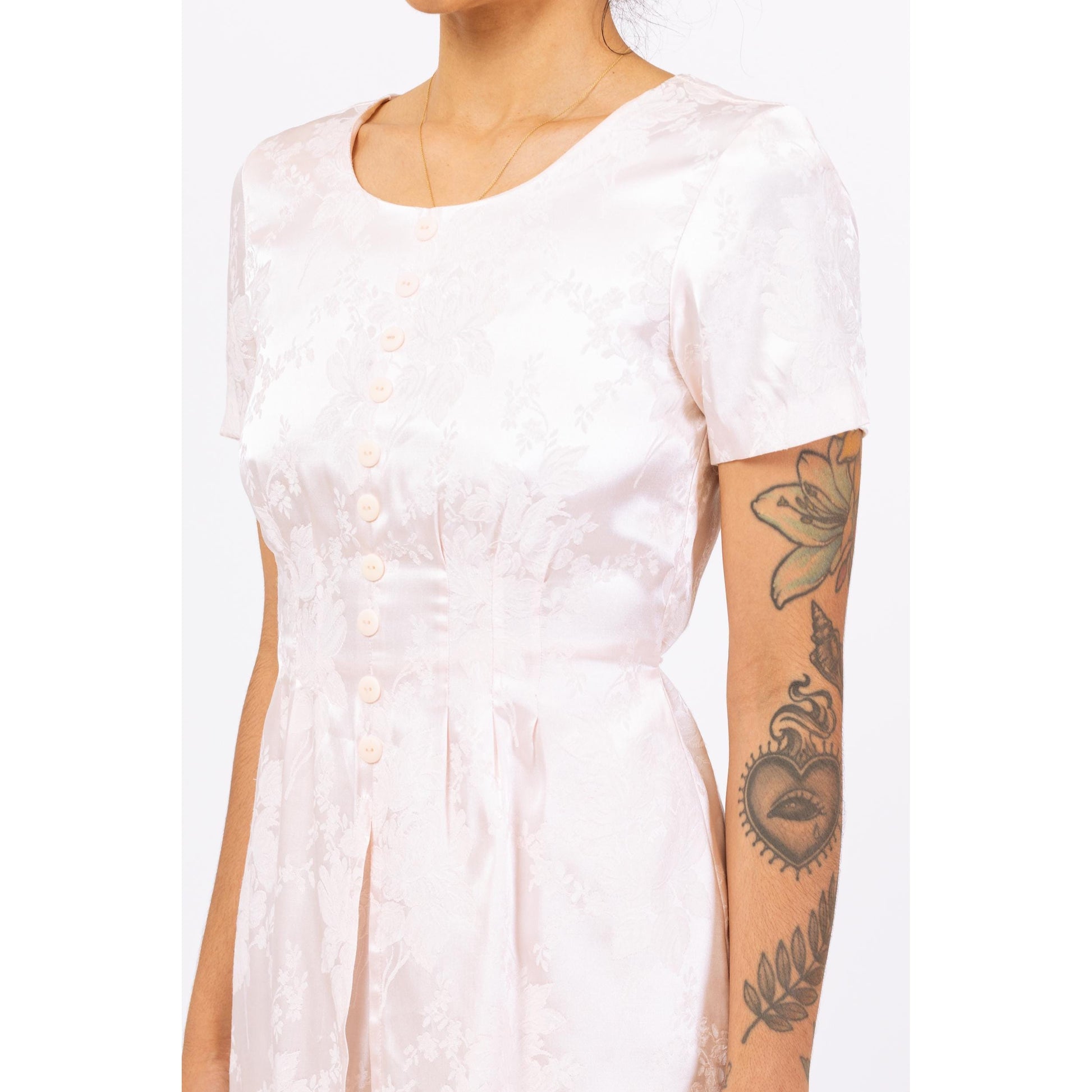 Vintage 90s Pastel Pink Floral Jacquard Mini Dress - Small | Short Sleeve Dress, Satin Cocktail Dress