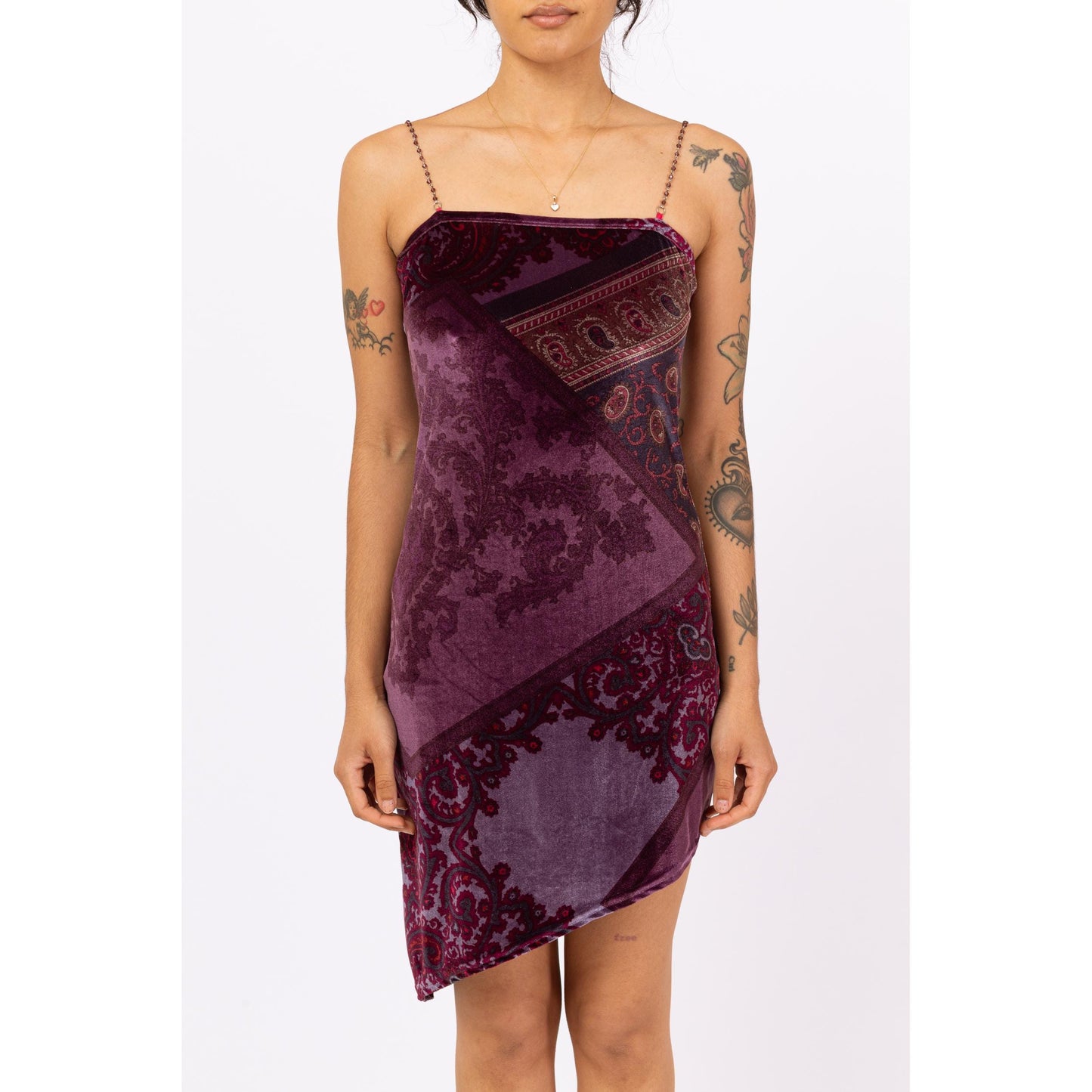 Vintage 90s Y2K Purple Velvet Chain Strap Party Dress - Small | Paisley Print Bodycon Mini Dress, Asymmetrical Hem 2000s Club Dress
