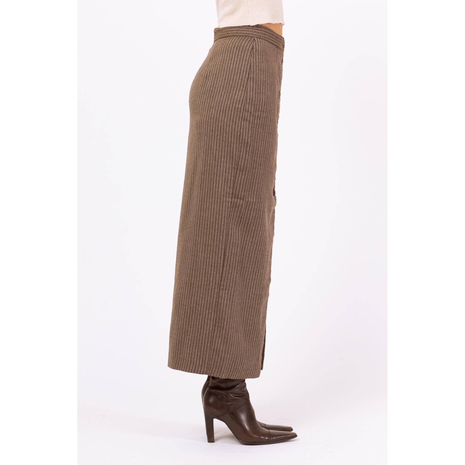 Vintage 70s Brown Pinstriped Maxi Pencil Skirt - Small, 26" Waist | High Waisted Long Straight Skirt, Minimalist Button Front Skirt