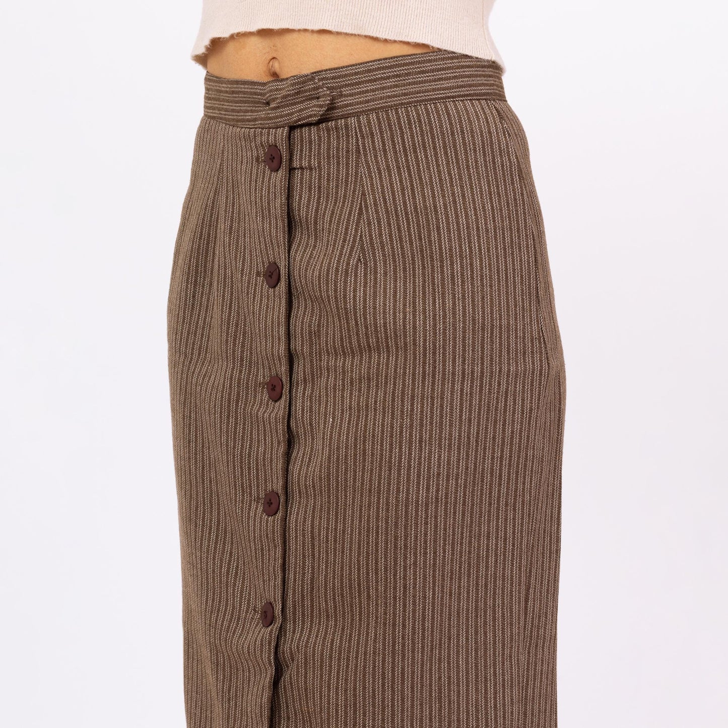 Vintage 70s Brown Pinstriped Maxi Pencil Skirt - Small, 26" Waist | High Waisted Long Straight Skirt, Minimalist Button Front Skirt