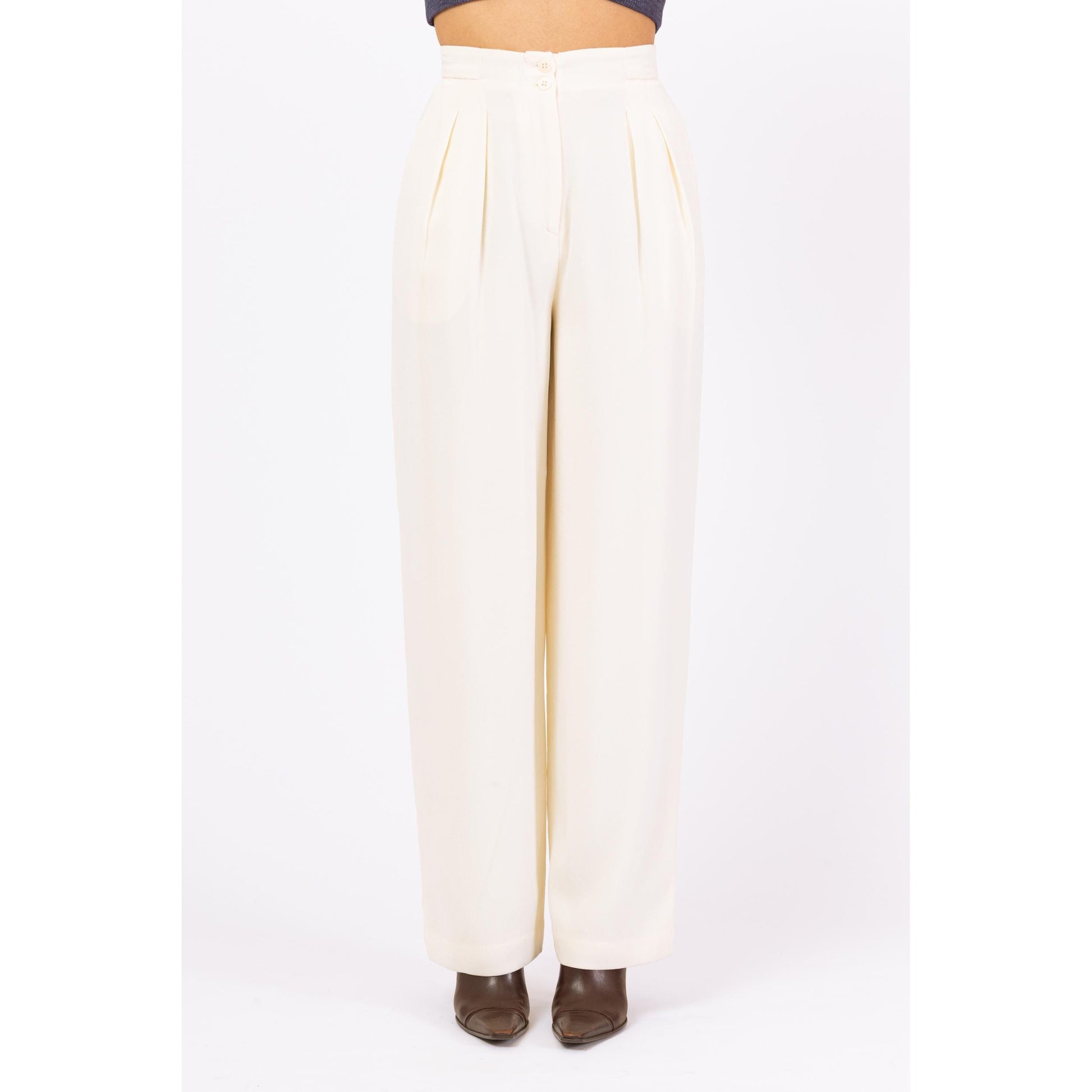 Vintage 90s Minimalist Ivory High Waisted Trousers - Extra Small, 24.5" Waist | Isabel Ardee Trousers, Pleated Straight Leg Pants