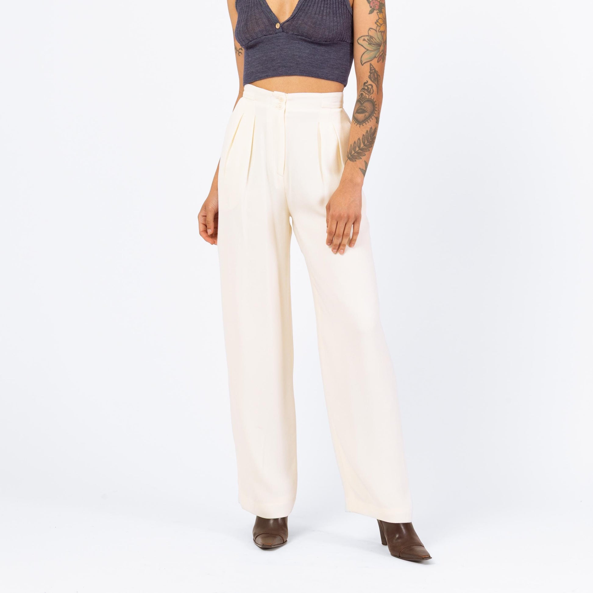 Vintage 90s Minimalist Ivory High Waisted Trousers - Extra Small, 24.5" Waist | Isabel Ardee Trousers, Pleated Straight Leg Pants