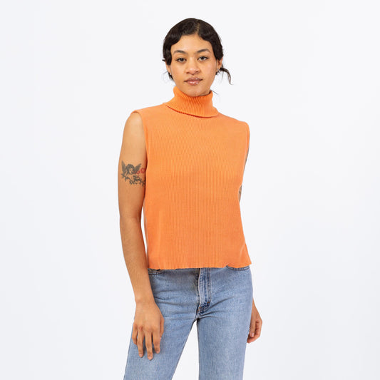 Vintage 90s Apricot Orange Knit Sleeveless Turtleneck - Small | Minimalist Ribbed Cotton Knit Tank Top