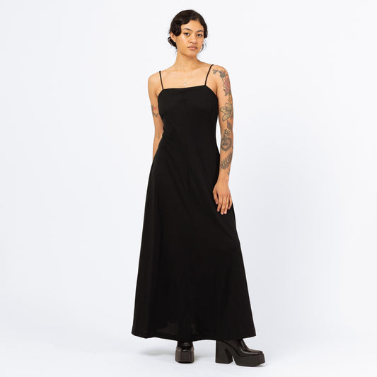 Vintage 70s Black Spaghetti Strap A Line Maxi Dress - Medium | Minimalist Sleeveless Disco Sundress, Summer Wedding Guest Dress