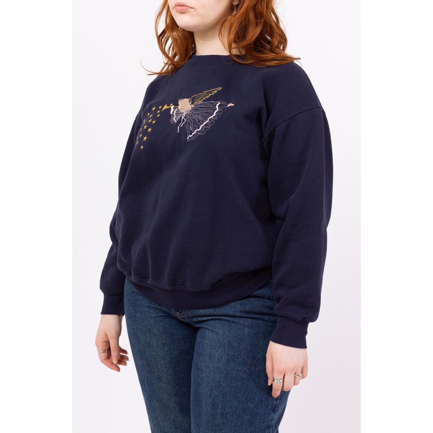 Vintage 90s Navy Blue Herald Angel Sweatshirt - Large | Embroidered Graphic Crewneck, Christmas Holiday Sweater