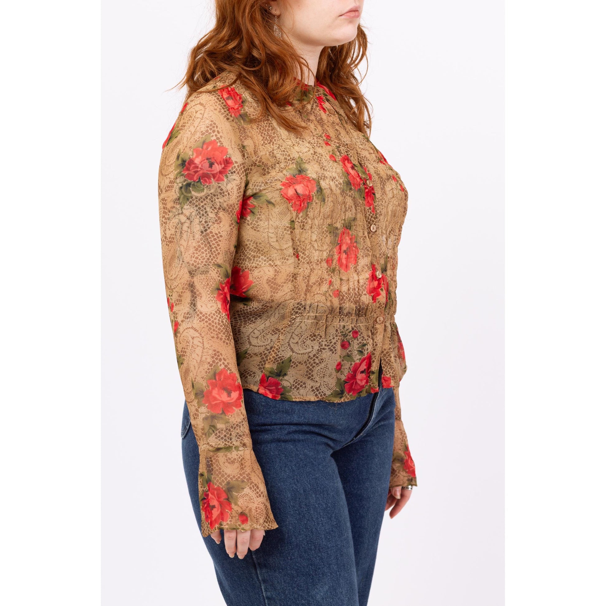 Vintage 90s Sheer Silk Floral & Snakeskin Print Blouse - Large | Boho Bell Sleeve Top, Long Sleeved Button Up Shirt