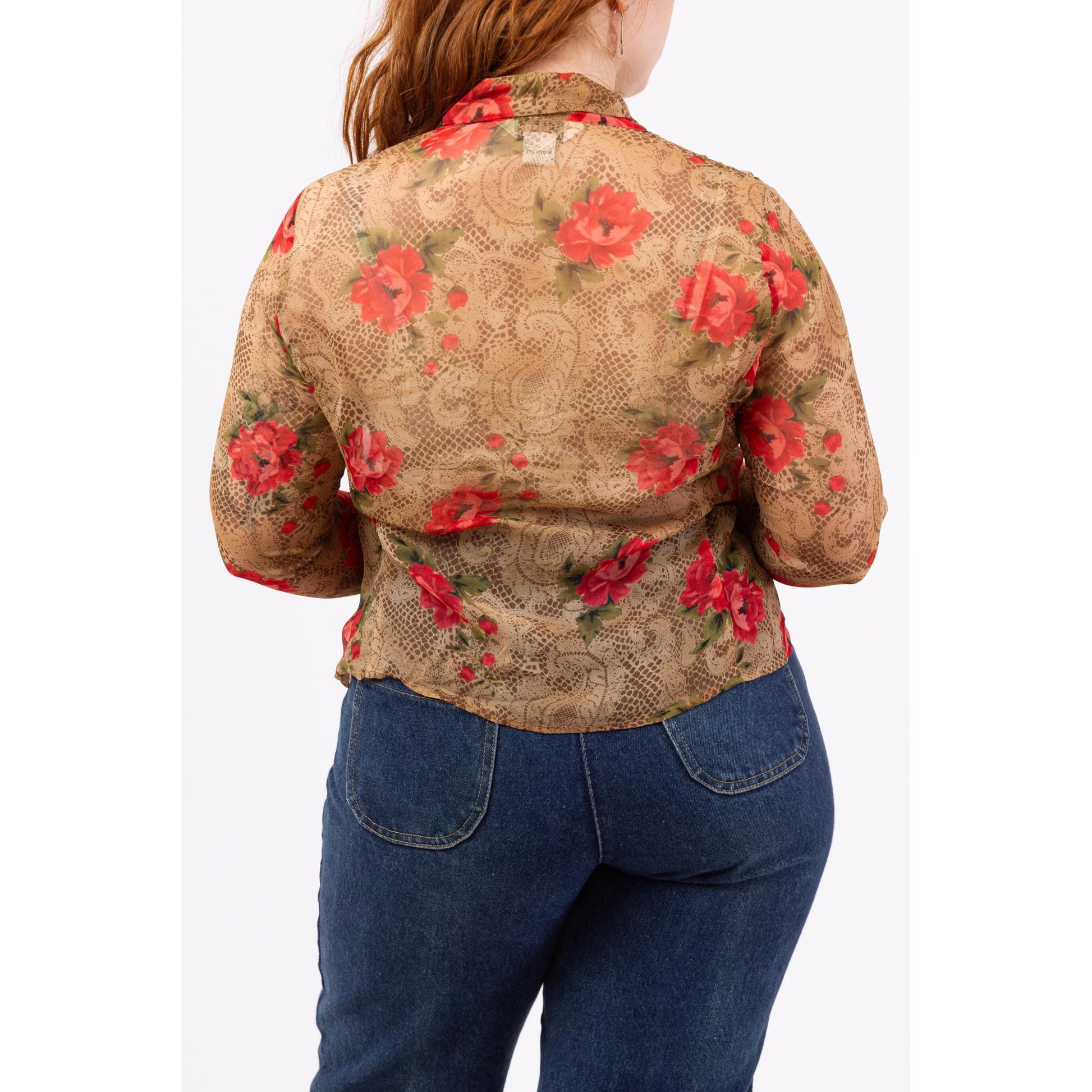 Vintage 90s Sheer Silk Floral & Snakeskin Print Blouse - Large | Boho Bell Sleeve Top, Long Sleeved Button Up Shirt