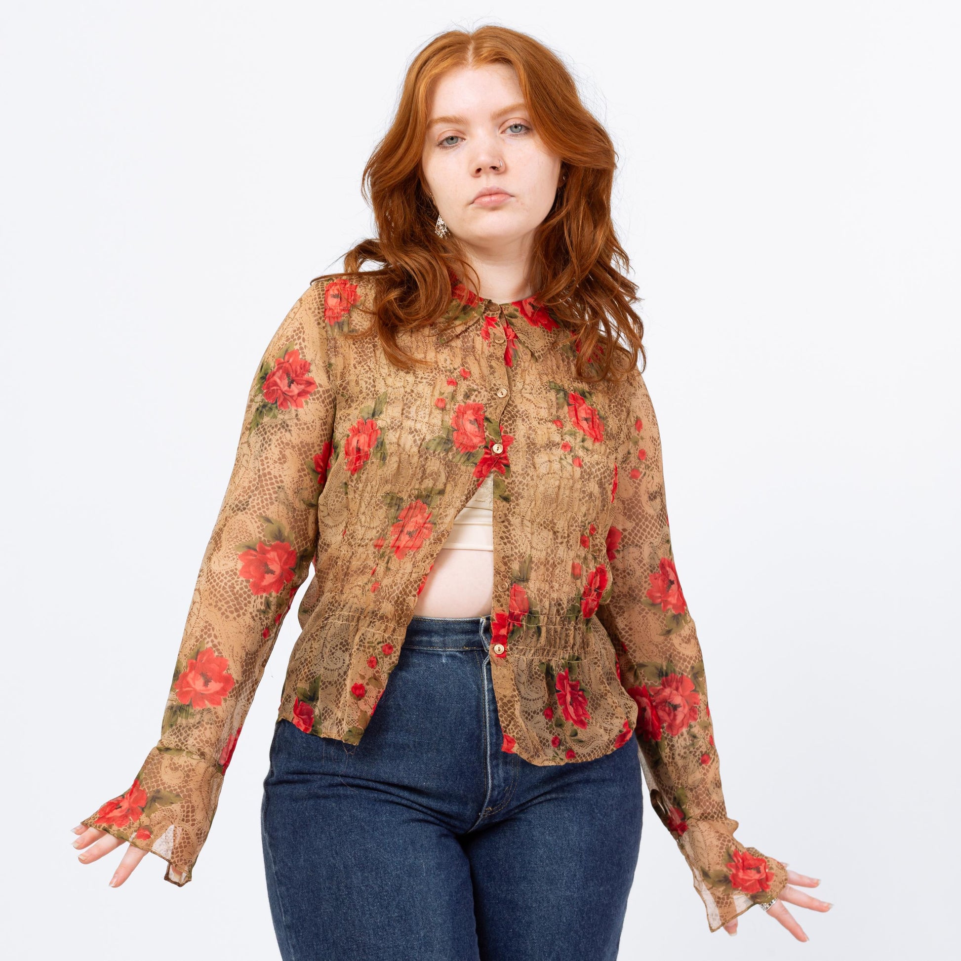Vintage 90s Sheer Silk Floral & Snakeskin Print Blouse - Large | Boho Bell Sleeve Top, Long Sleeved Button Up Shirt