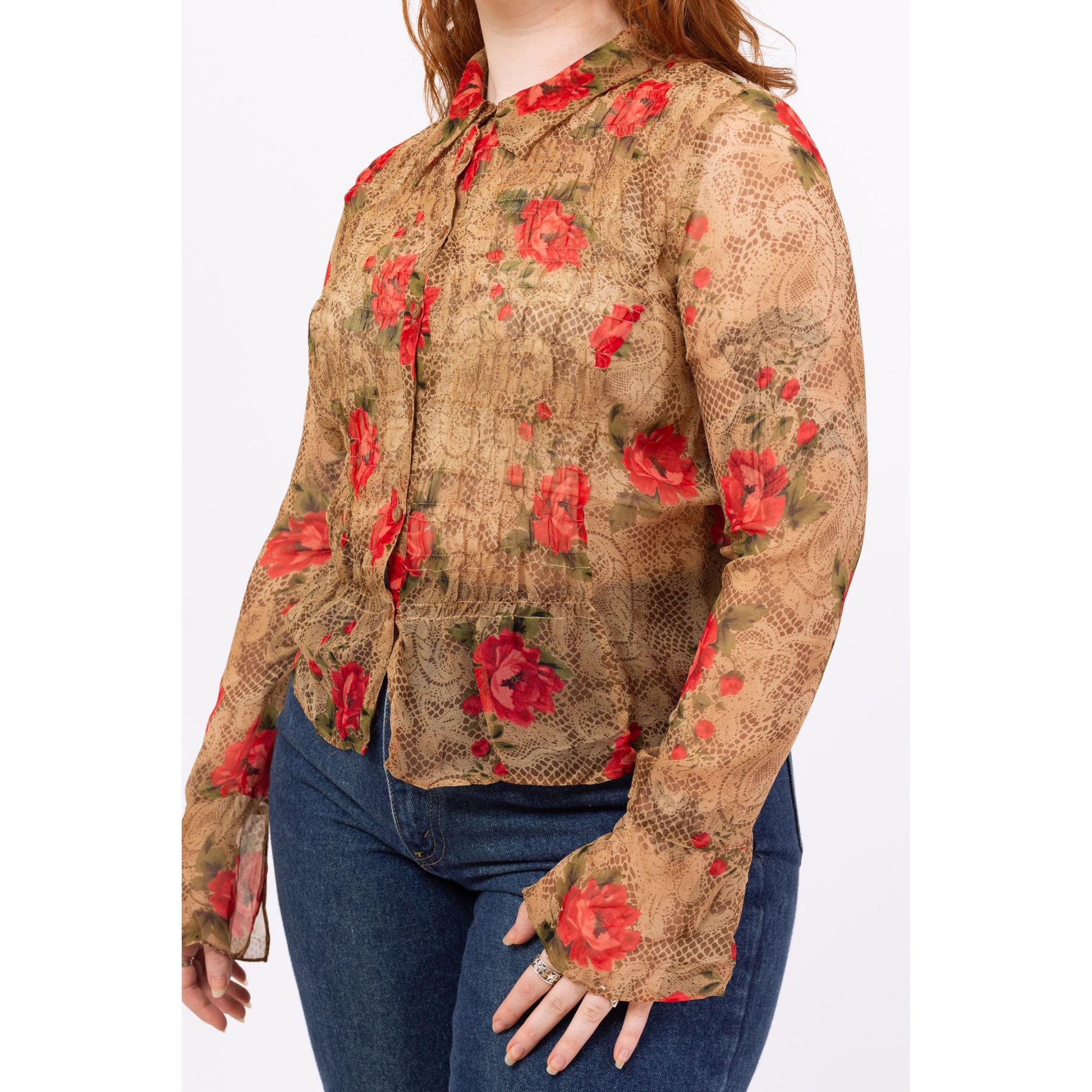 Vintage 90s Sheer Silk Floral & Snakeskin Print Blouse - Large | Boho Bell Sleeve Top, Long Sleeved Button Up Shirt