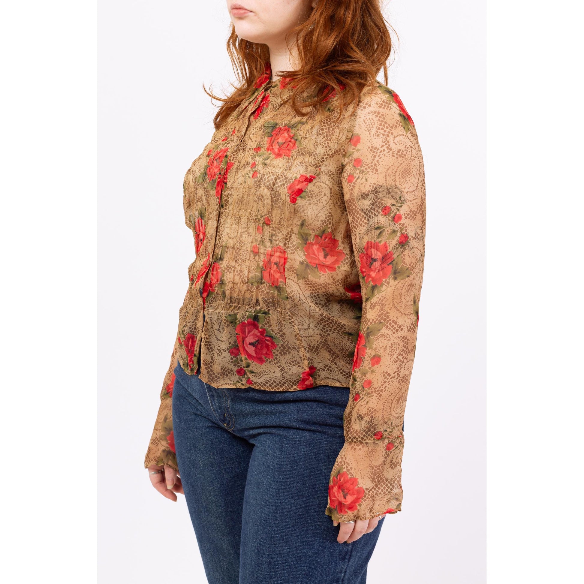 Vintage 90s Sheer Silk Floral & Snakeskin Print Blouse - Large | Boho Bell Sleeve Top, Long Sleeved Button Up Shirt