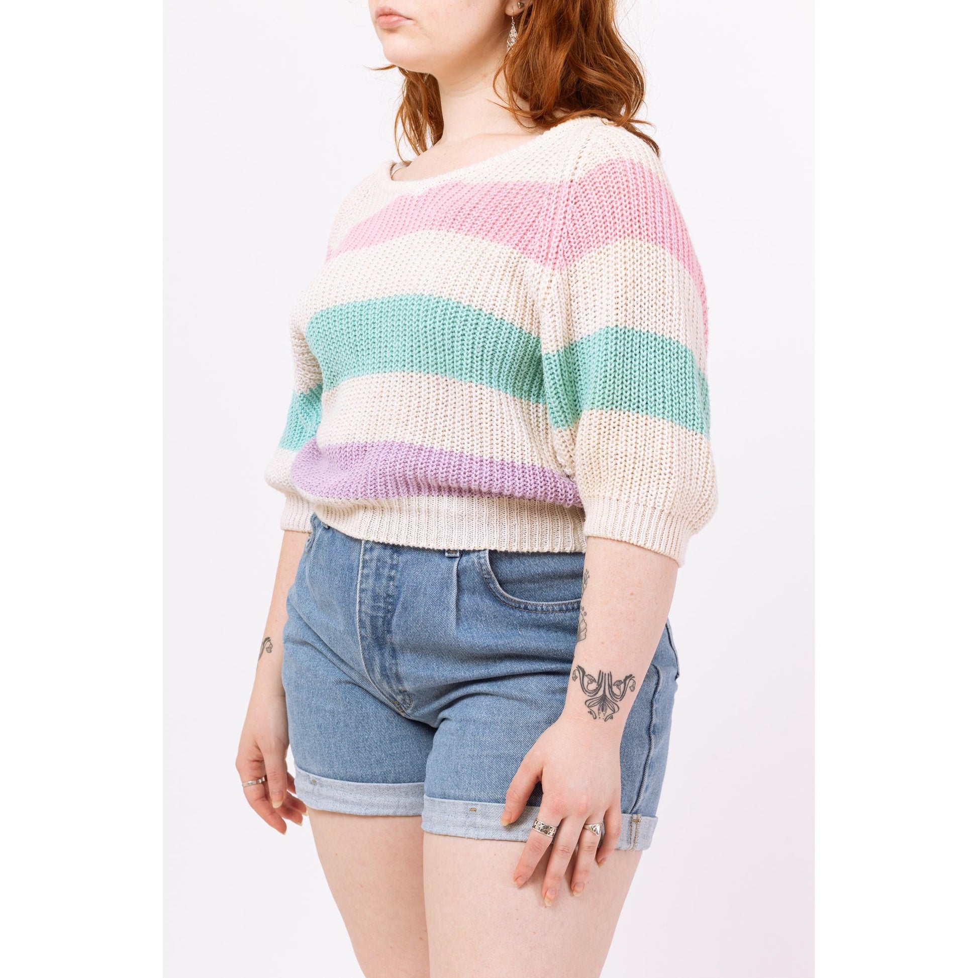 Vintage 80s Pastel Striped Low Back Slouchy Knit Sweater - Medium | Retro Wide V Neck 3/4 Sleeve Pullover, Soft Girl Aesthetic