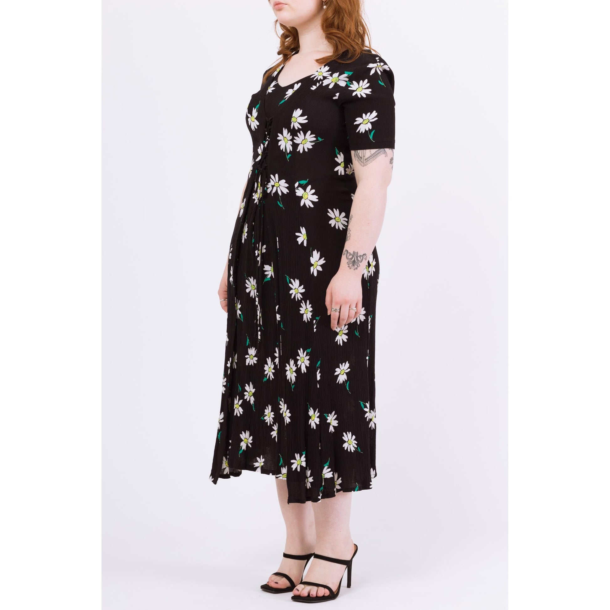 Vintage 90s Black Daisy Floral Print Corset Tie Midi Dress - Large | Short Sleeve Boho Rayon Grunge Dress
