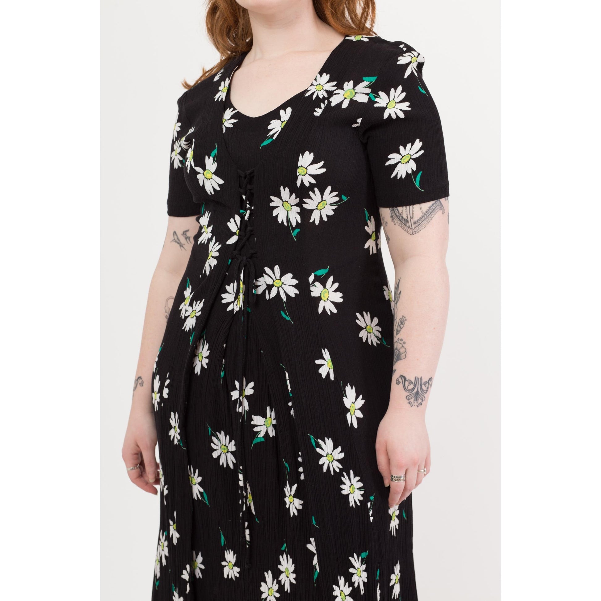 Vintage 90s Black Daisy Floral Print Corset Tie Midi Dress - Large | Short Sleeve Boho Rayon Grunge Dress