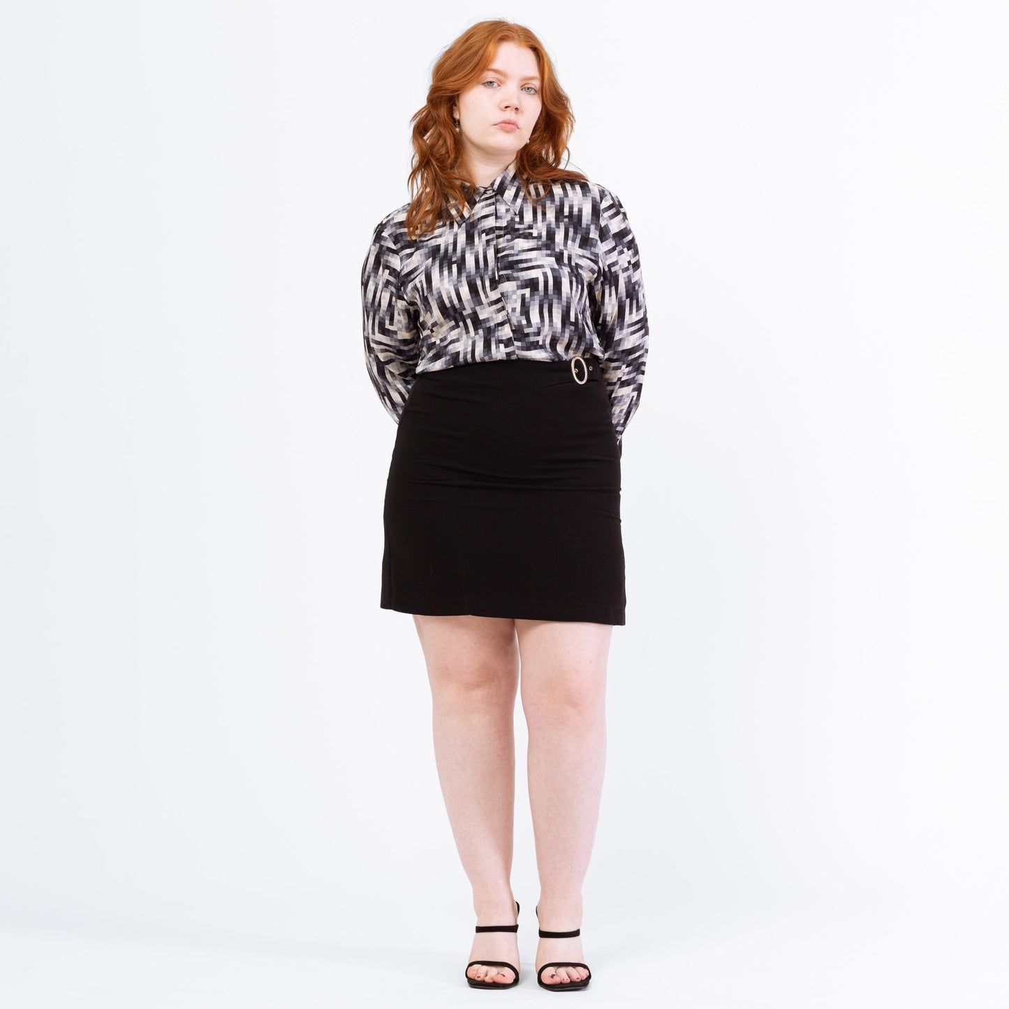 Vintage 90s Black Belted High Waisted Mini Skirt - Large, 30”-32” | Minimalist Pencil Skirt