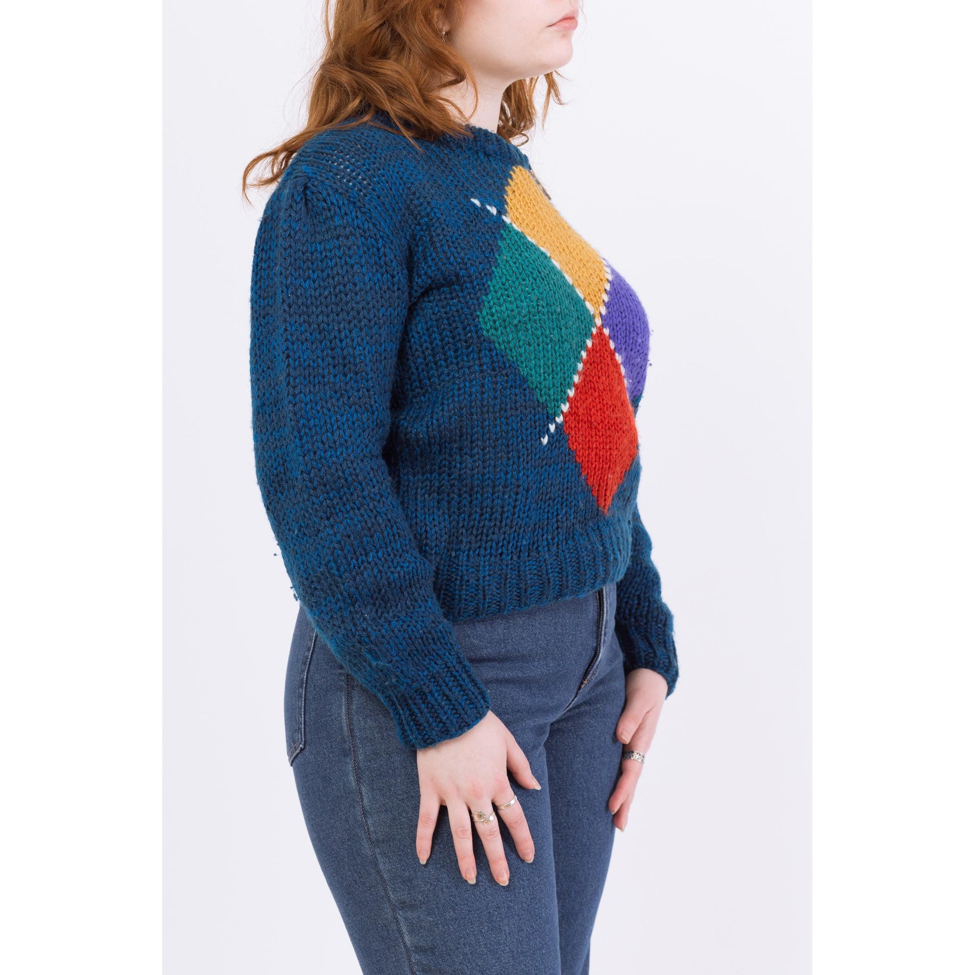 Vintage 80s Dark Blue Argyle Cropped Hand Knit Sweater - Medium | Slouchy Preppy Grunge Pullover Jumper, Retro Knitwear