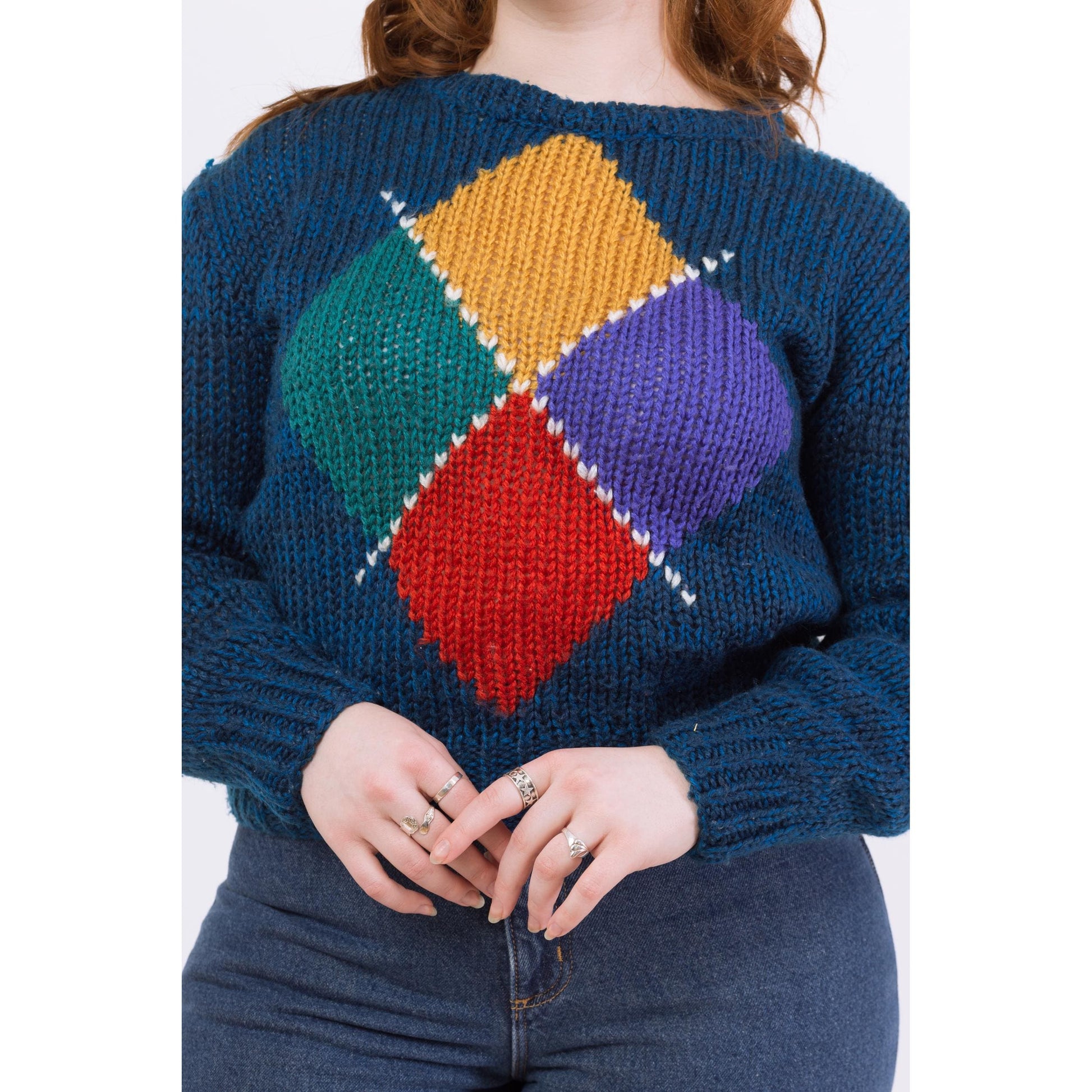 Vintage 80s Dark Blue Argyle Cropped Hand Knit Sweater - Medium | Slouchy Preppy Grunge Pullover Jumper, Retro Knitwear