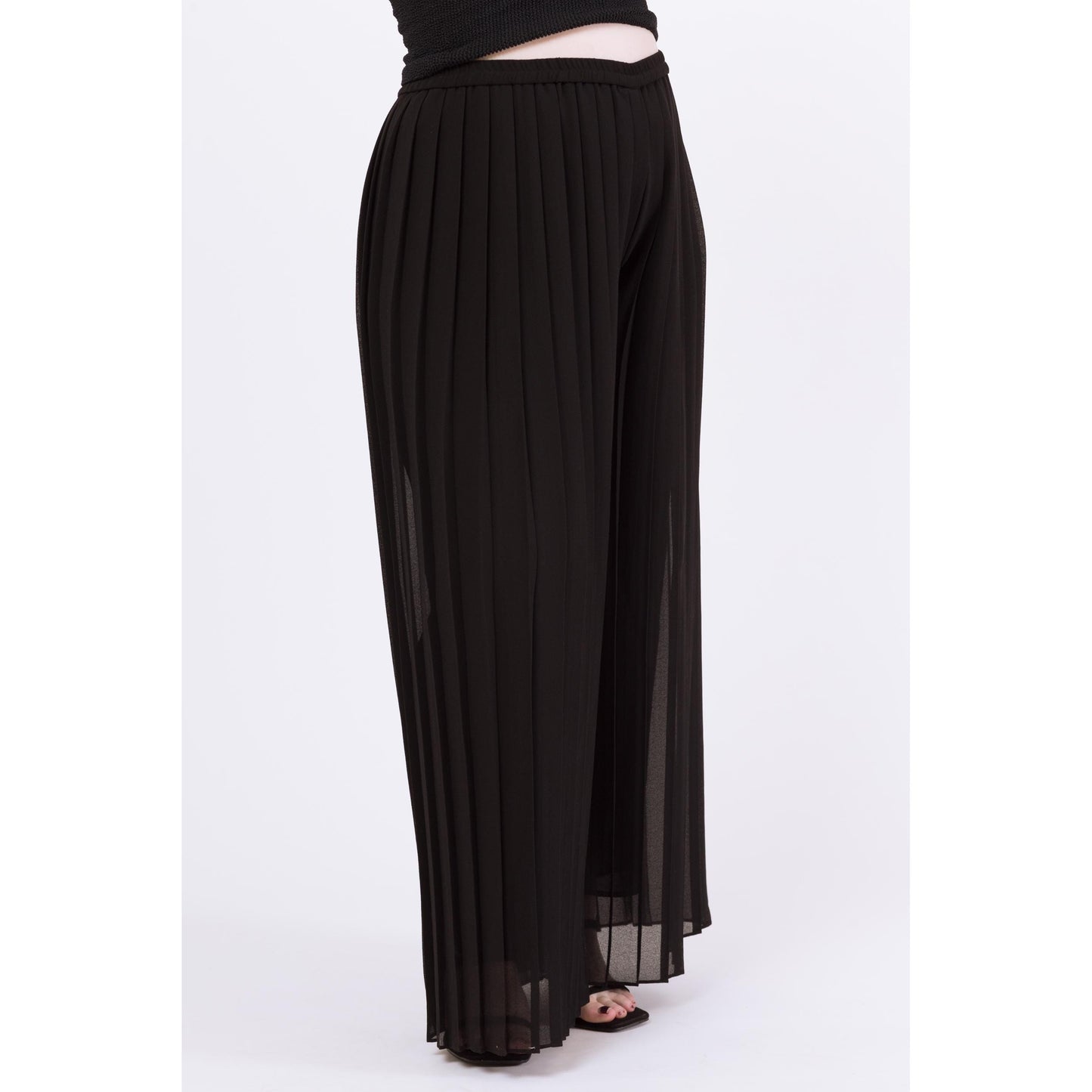 Vintage 90s Black Chiffon Pleated Sheer Illusion Pants - Large to XL | High Waisted Wide Leg Palazzo Trousers