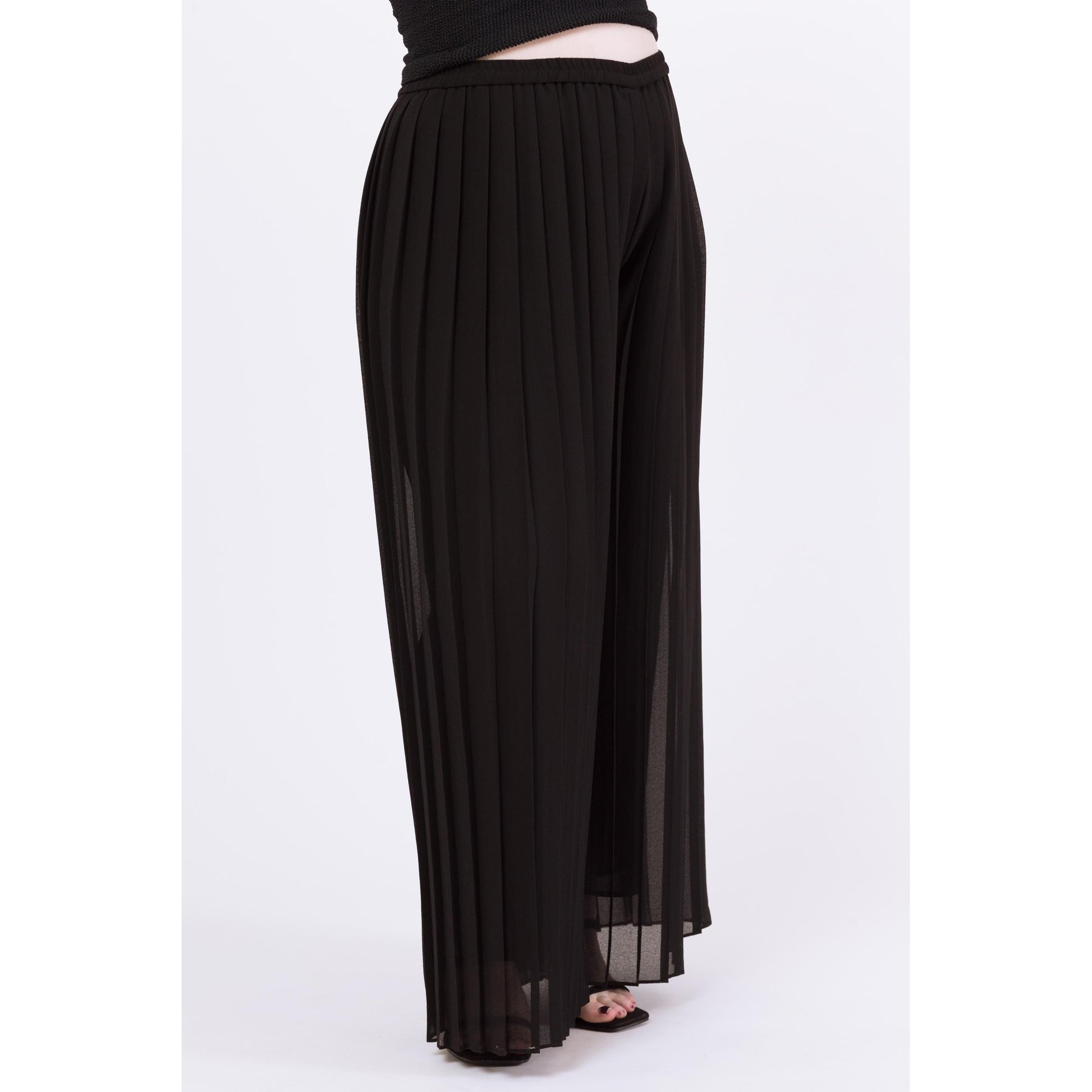 Vintage 90s Black Chiffon Pleated Sheer Illusion Pants - Large to XL | High Waisted Wide Leg Palazzo Trousers