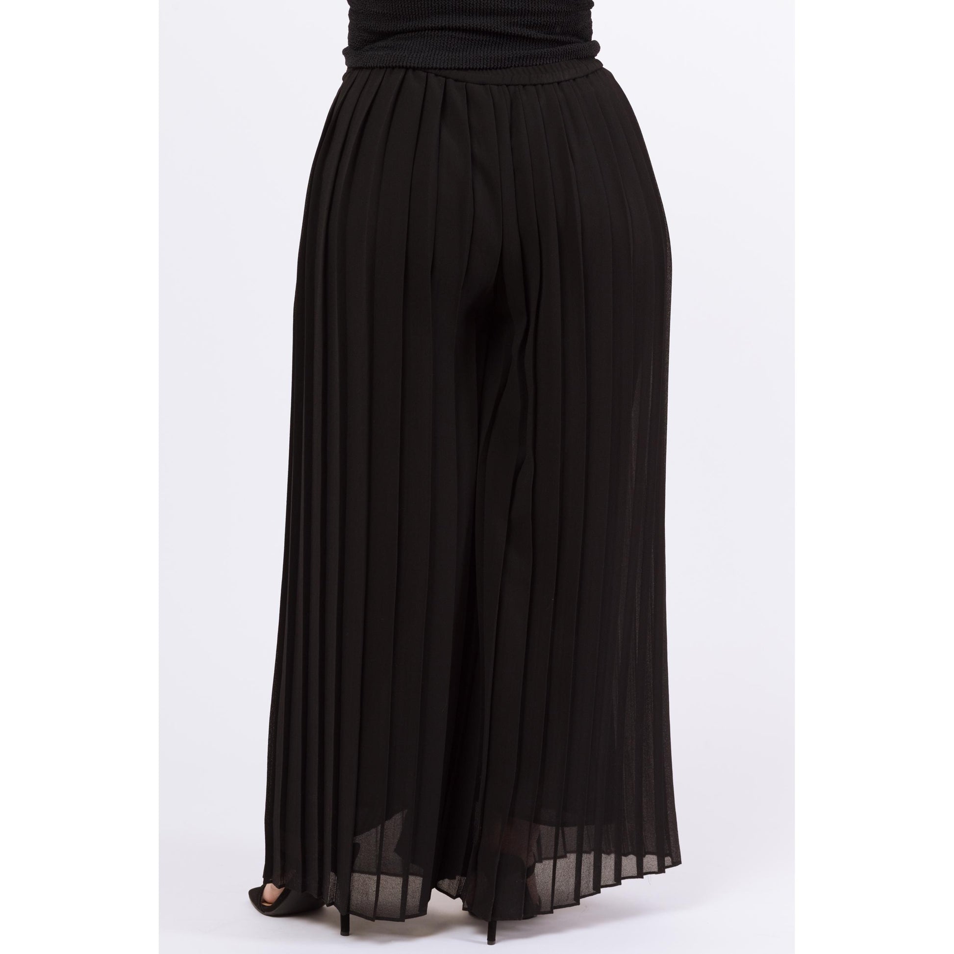 Vintage 90s Black Chiffon Pleated Sheer Illusion Pants - Large to XL | High Waisted Wide Leg Palazzo Trousers