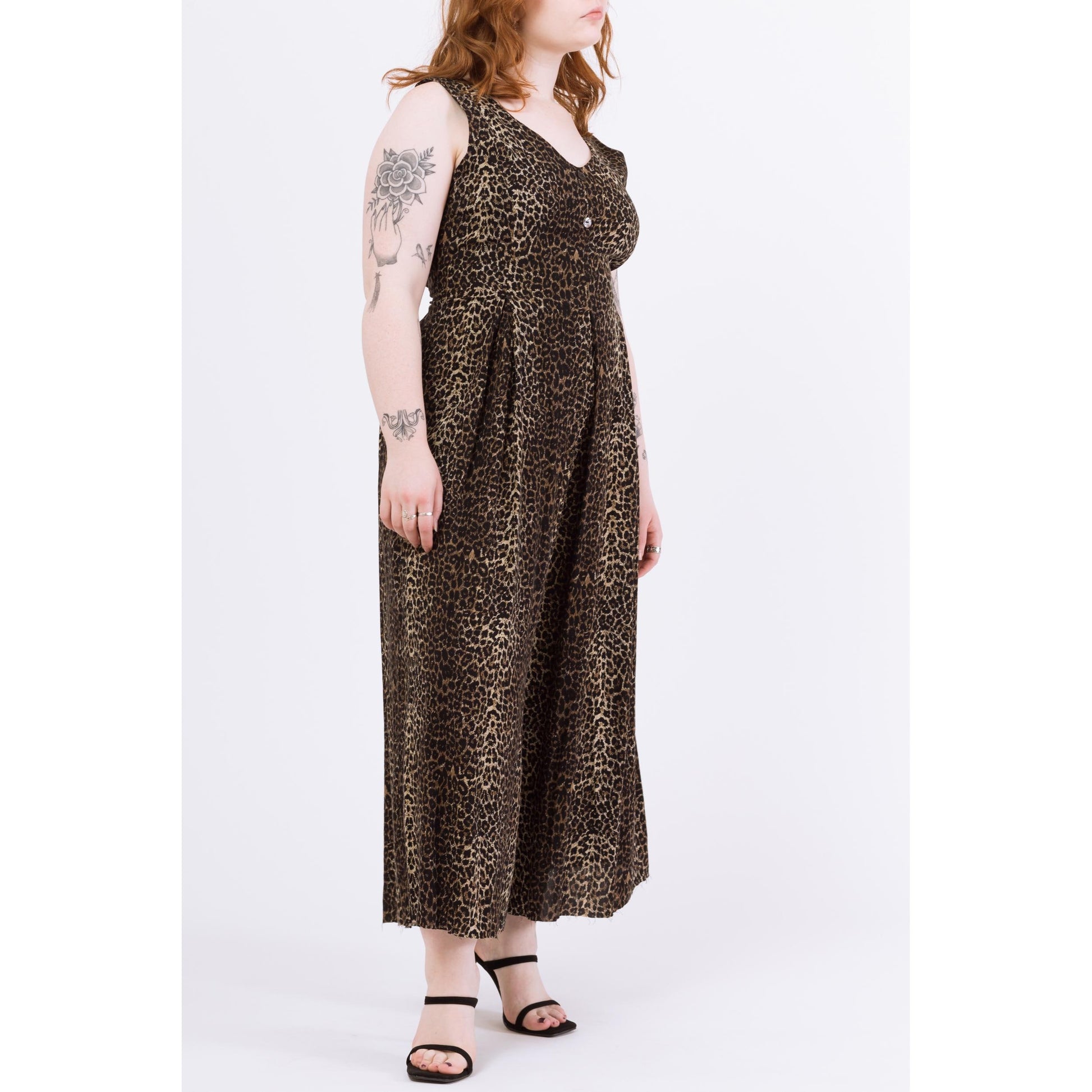 Vintage 80s Soft Leopard Print Wide Leg Jumpsuit - Large | Sleeveless Grunge Lounge Pantsuit