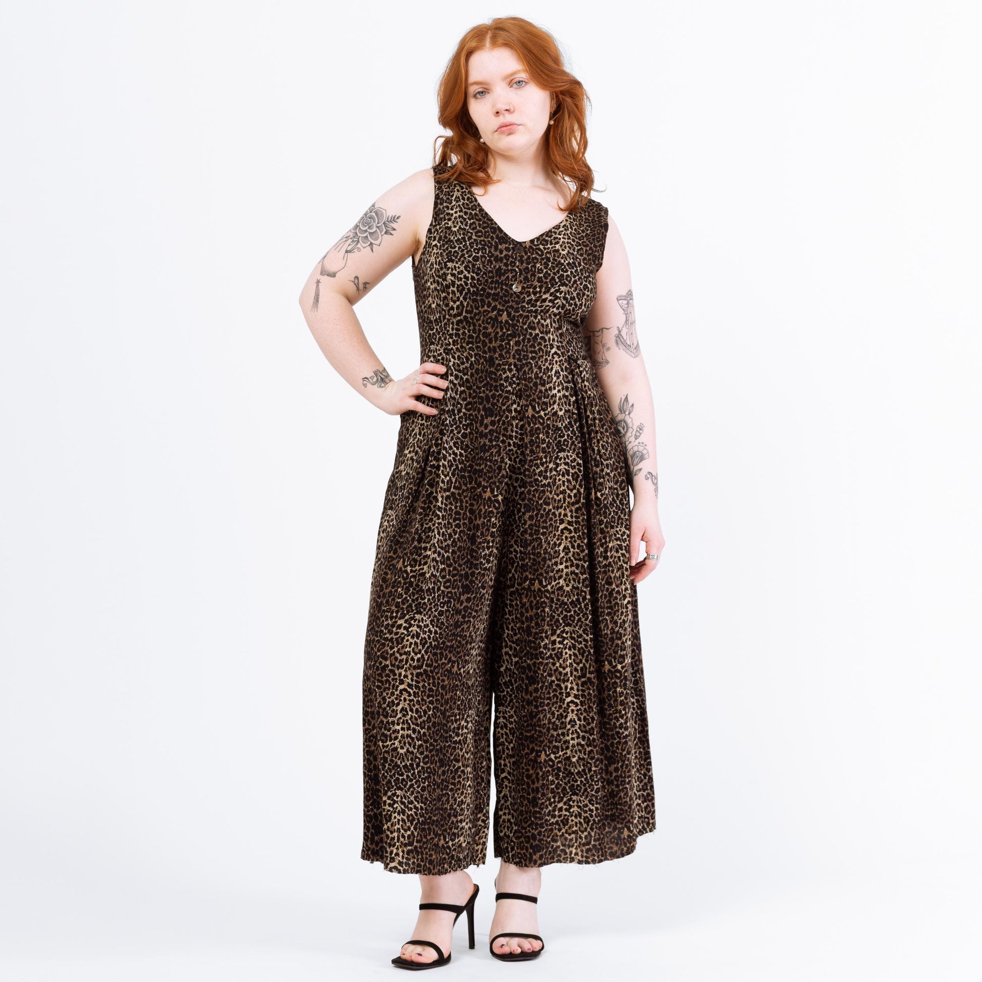 Vintage 80s Soft Leopard Print Wide Leg Jumpsuit - Large | Sleeveless Grunge Lounge Pantsuit
