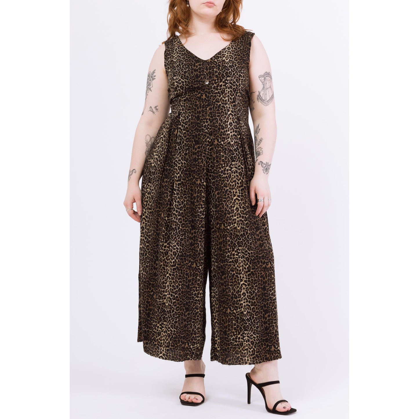 Vintage 80s Soft Leopard Print Wide Leg Jumpsuit - Large | Sleeveless Grunge Lounge Pantsuit