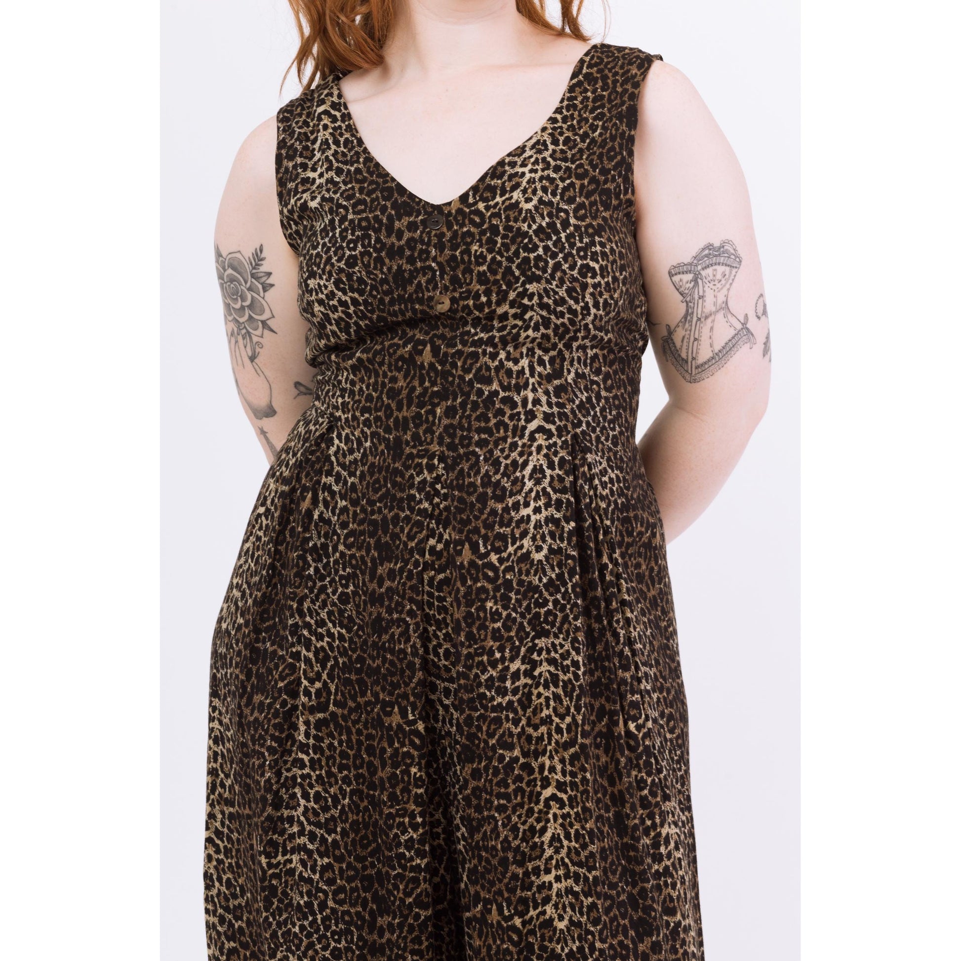 Vintage 80s Soft Leopard Print Wide Leg Jumpsuit - Large | Sleeveless Grunge Lounge Pantsuit