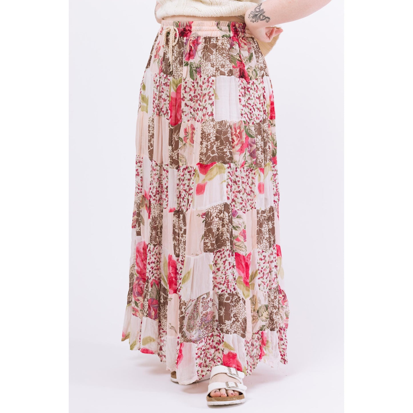 Vintage 90s Boho Sheer Floral Patchwork Rayon Broomstick Skirt - Large | Vintage Pink White Hippie Festival Maxi Skirt