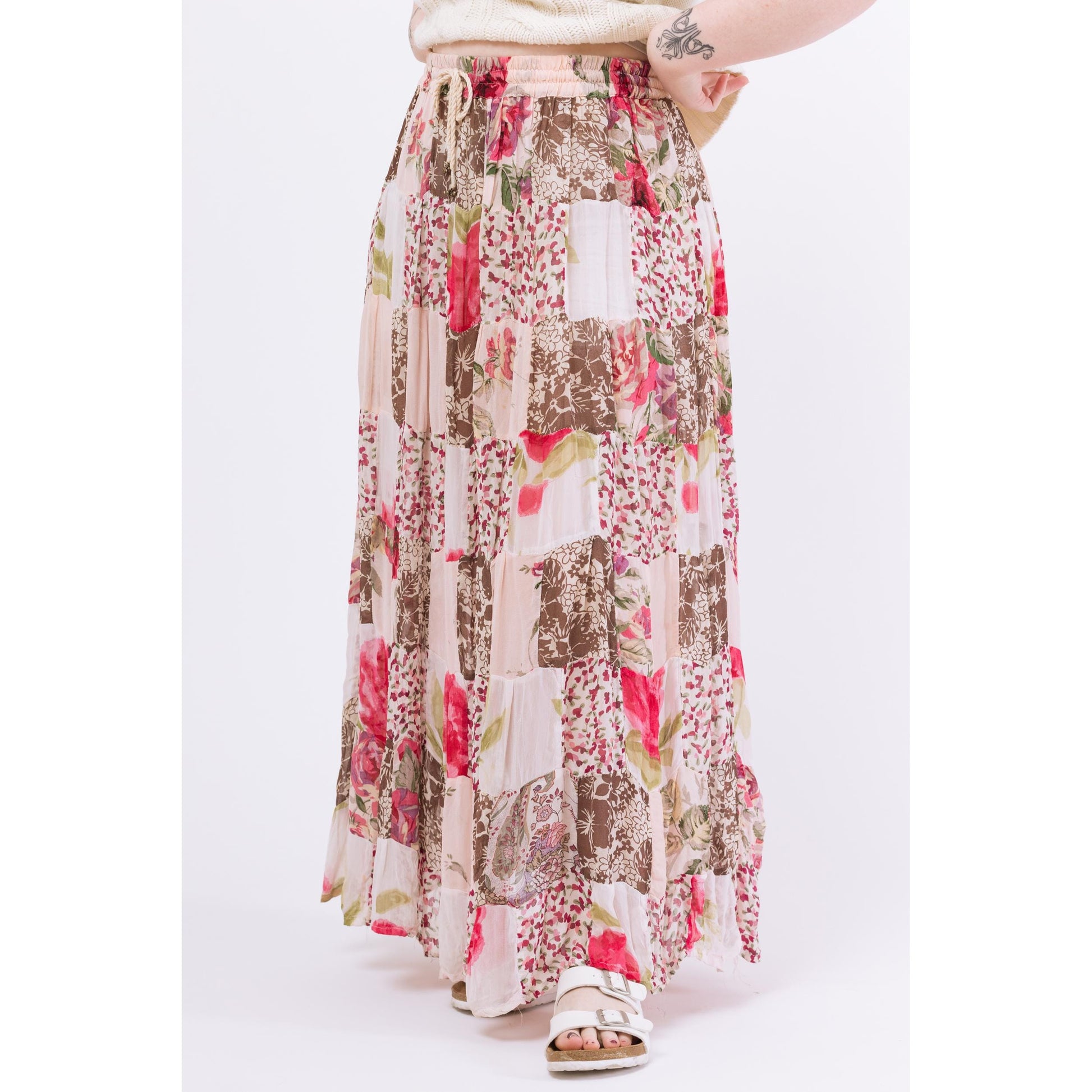 Vintage 90s Boho Sheer Floral Patchwork Rayon Broomstick Skirt - Large | Vintage Pink White Hippie Festival Maxi Skirt