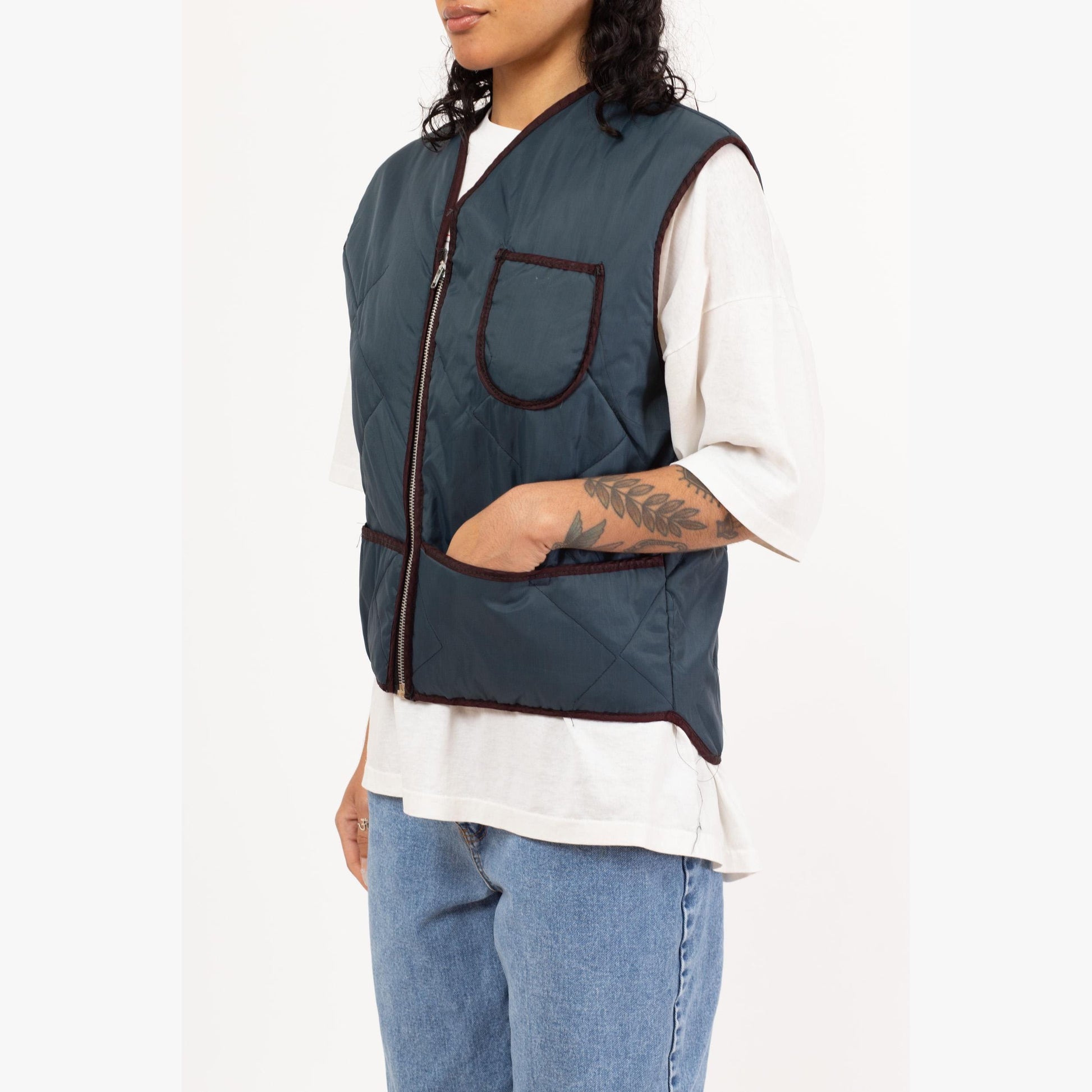 Vintage 80s Slate Blue Lightweight Quilted Puffer Vest - Men's Medium | Zip Up Retro Workwear Jacket