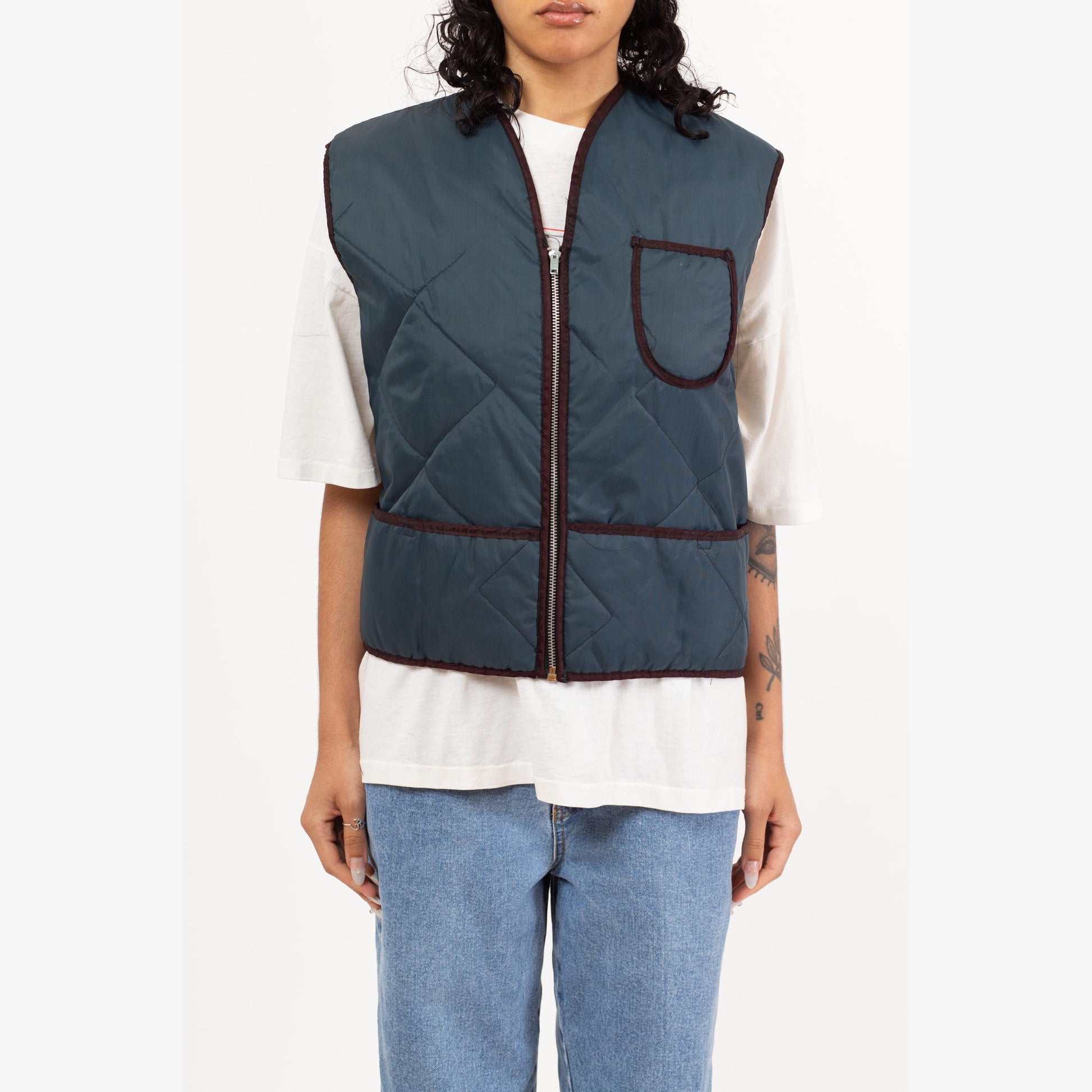 Vintage 80s Slate Blue Lightweight Quilted Puffer Vest - Men's Medium | Zip Up Retro Workwear Jacket