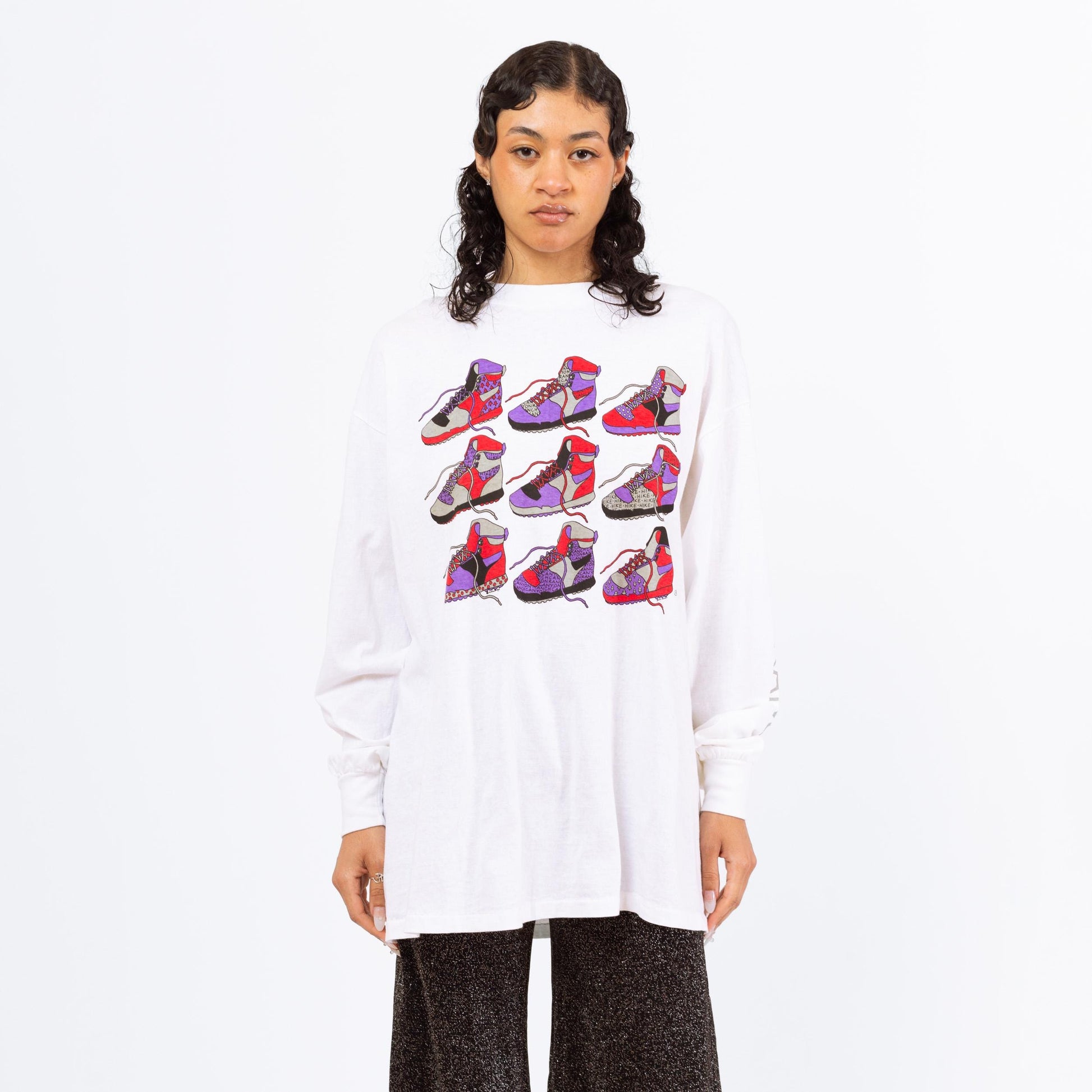 Vintage 90s Hiking Boot Long Sleeve T Shirt - Men's XL | White Shoe Graphic Cotton Crew Neck Tee