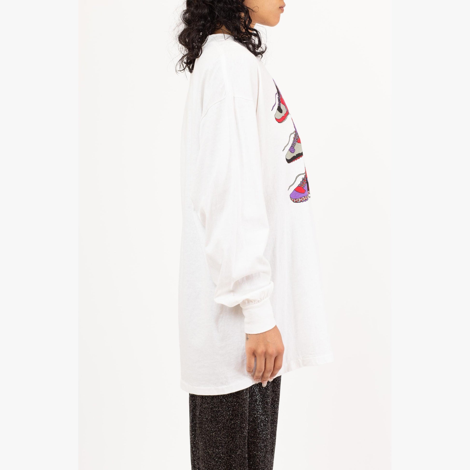 Vintage 90s Hiking Boot Long Sleeve T Shirt - Men's XL | White Shoe Graphic Cotton Crew Neck Tee