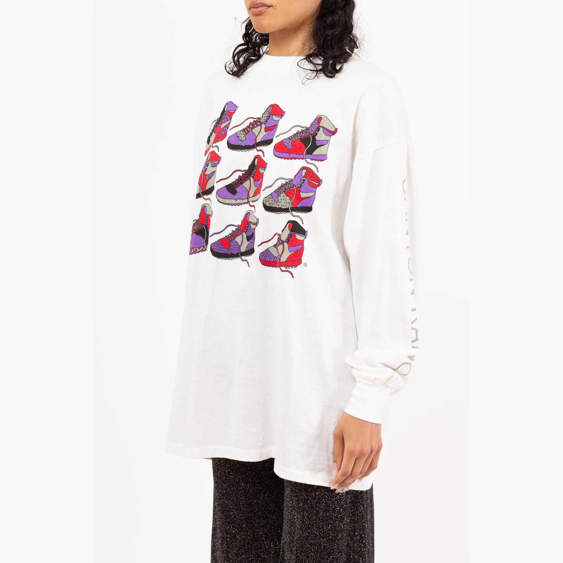 Vintage 90s Hiking Boot Long Sleeve T Shirt - Men's XL | White Shoe Graphic Cotton Crew Neck Tee