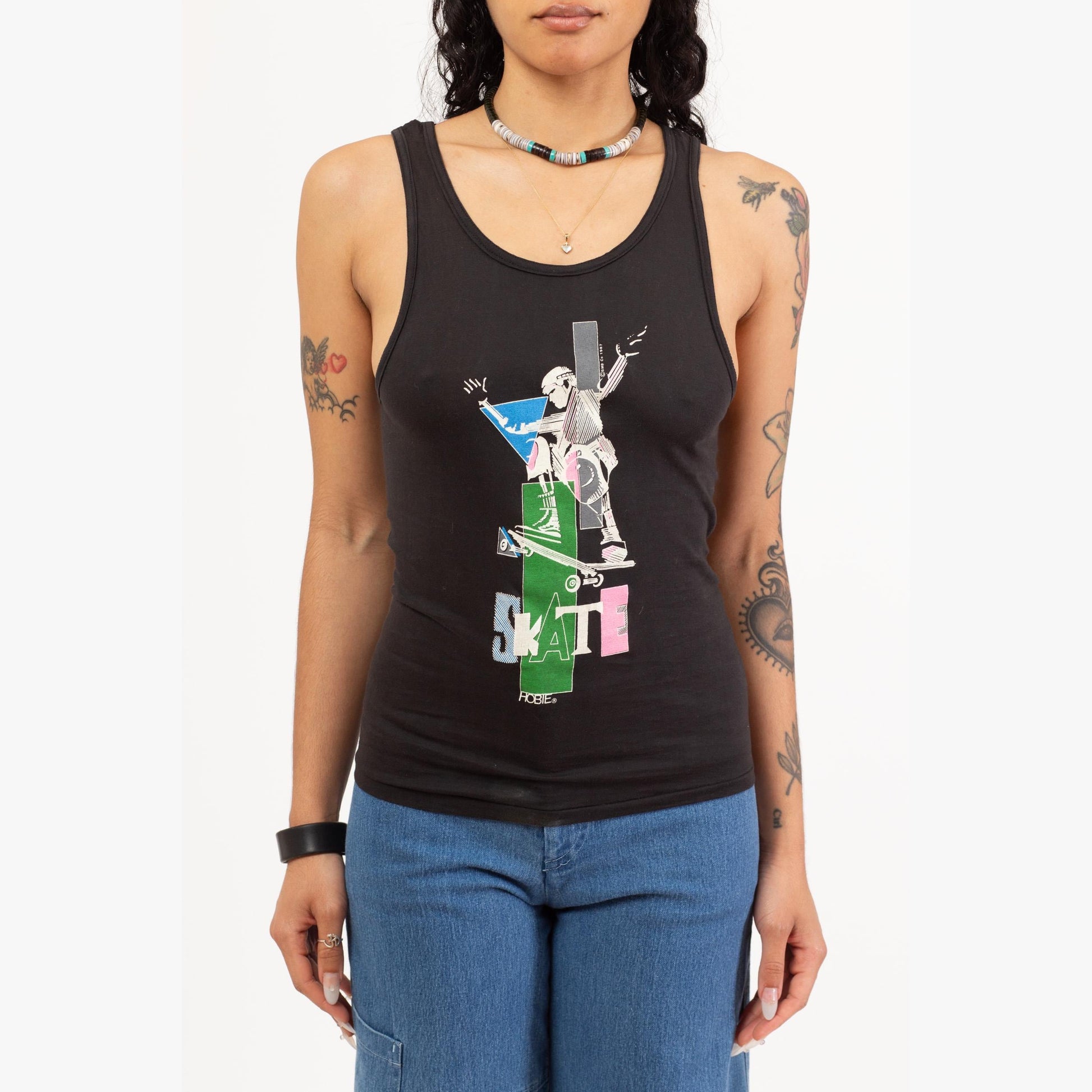 Vintage 80s Hobie Skater Tank Top - Extra Small | Black Cotton Skateboarding Graphic Tee