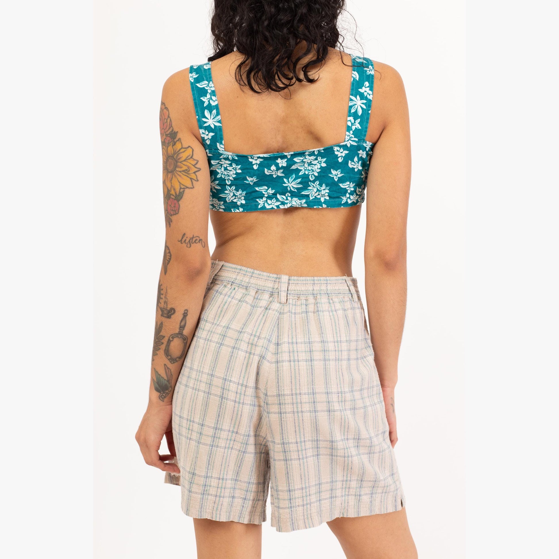 Vintage 90s Teal Floral Corset Crop Top - Small to Medium | Boho Sleeveless Tie Front Mini Bralette