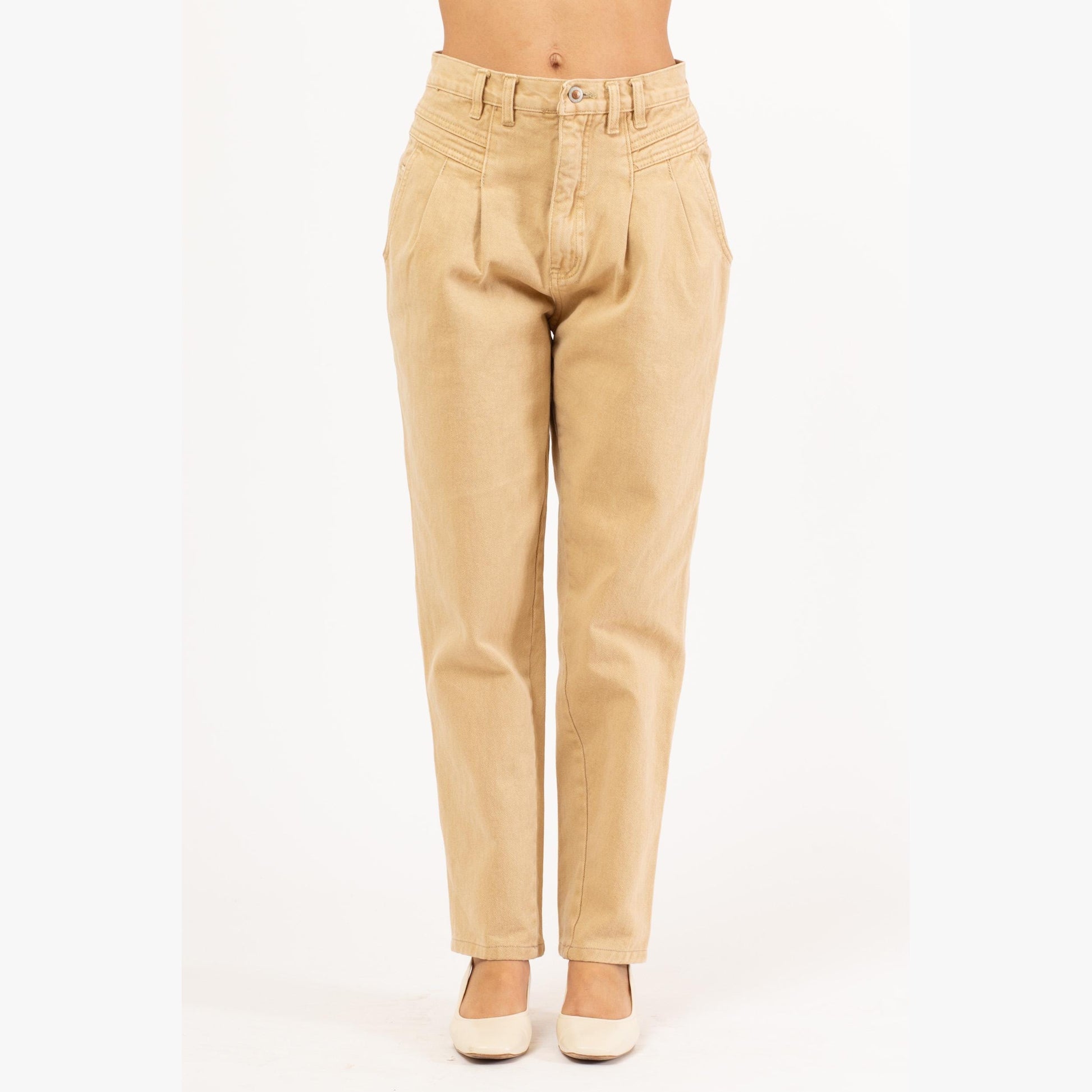 Vintage 80s Forenza High Waisted Tan Jeans - Medium, 27.5” Waist | Pleated Denim Tapered Leg Mom Jeans